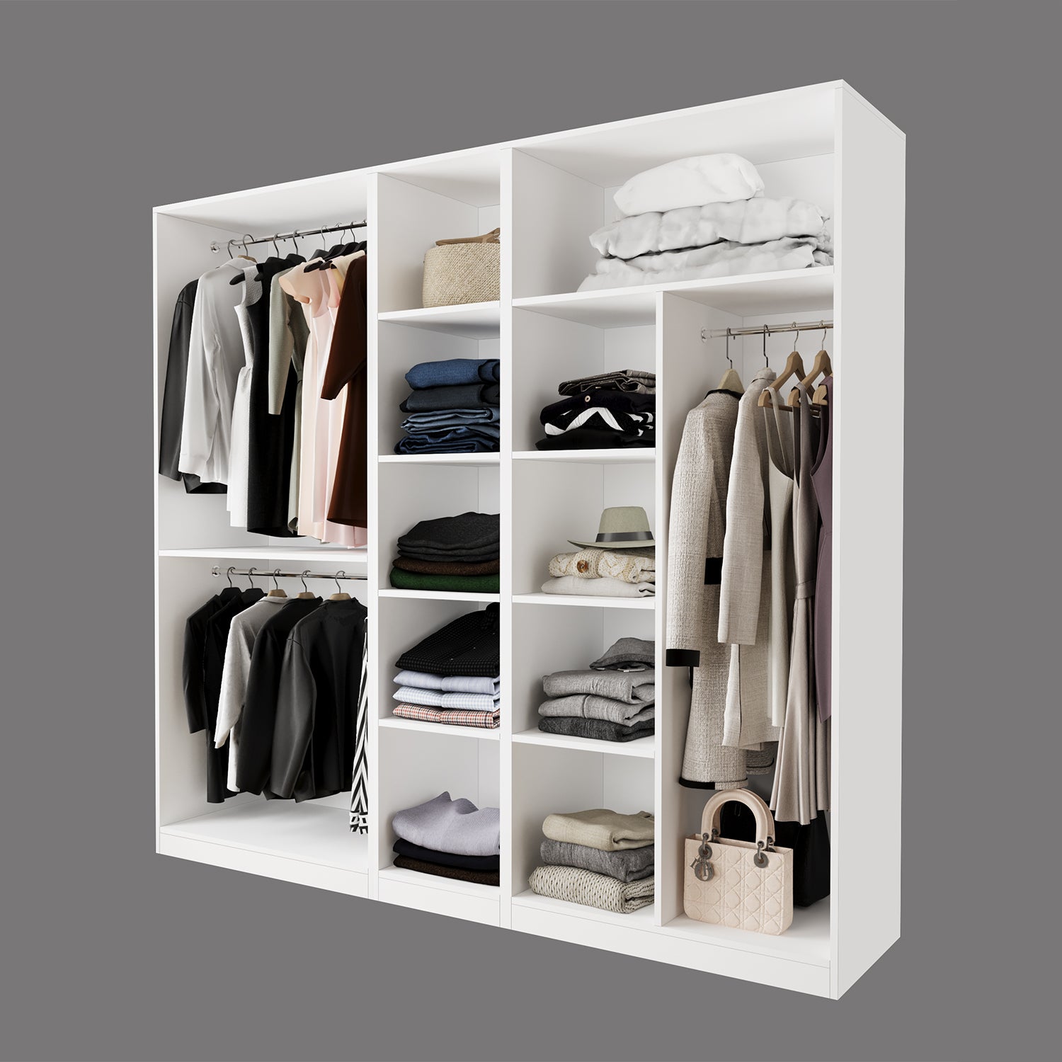 Bimossa KD70 Goss 225 cm Üçlü Dar, 3 Bölmeli Açık Gardırop, 3 Askı Alanlı, 9 Raflı ve 1 Büyük Raflı Beyaz Giyinme Dolabı