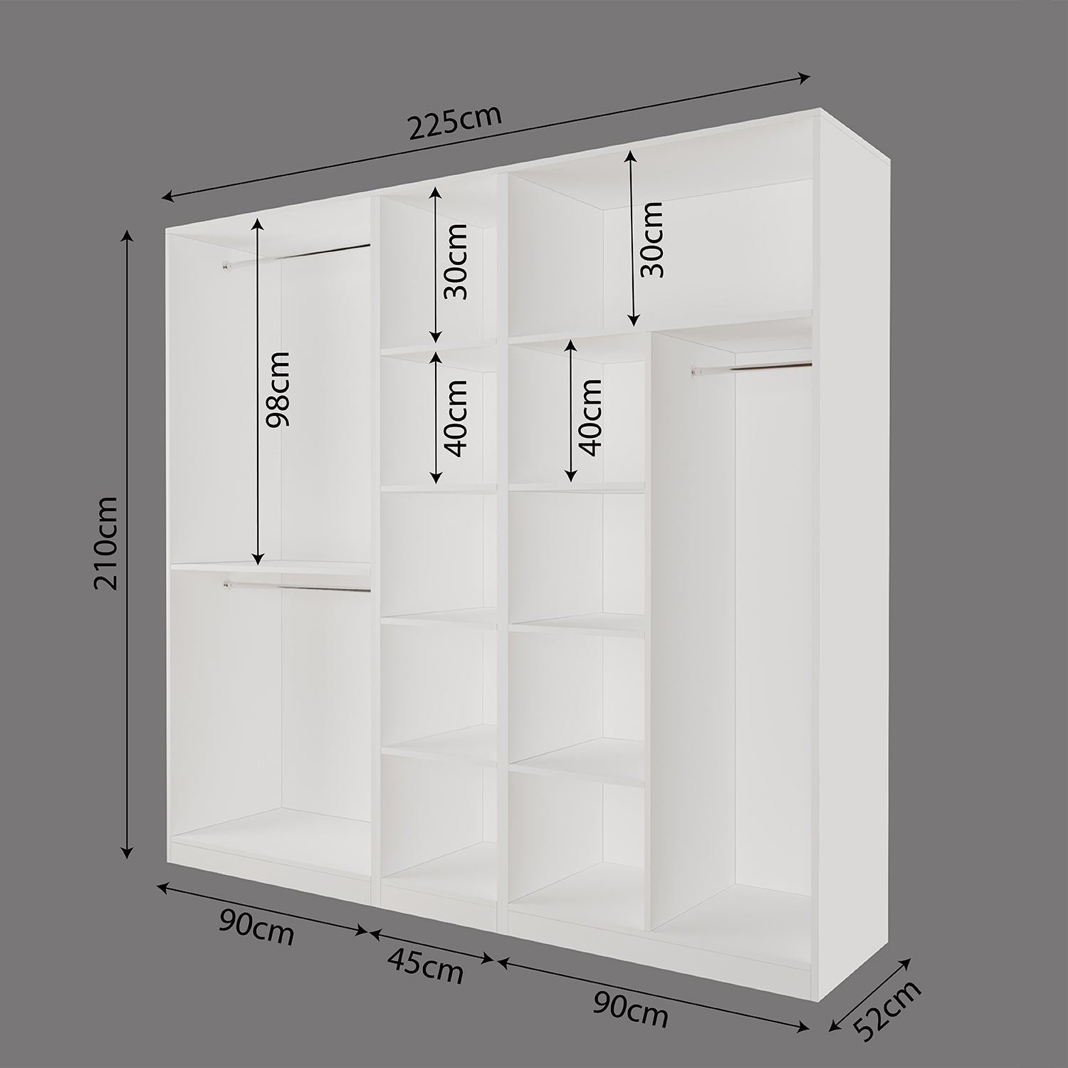 Bimossa KD70 Goss 225 cm Üçlü Dar, 3 Bölmeli Açık Gardırop, 3 Askı Alanlı, 9 Raflı ve 1 Büyük Raflı Beyaz Giyinme Dolabı