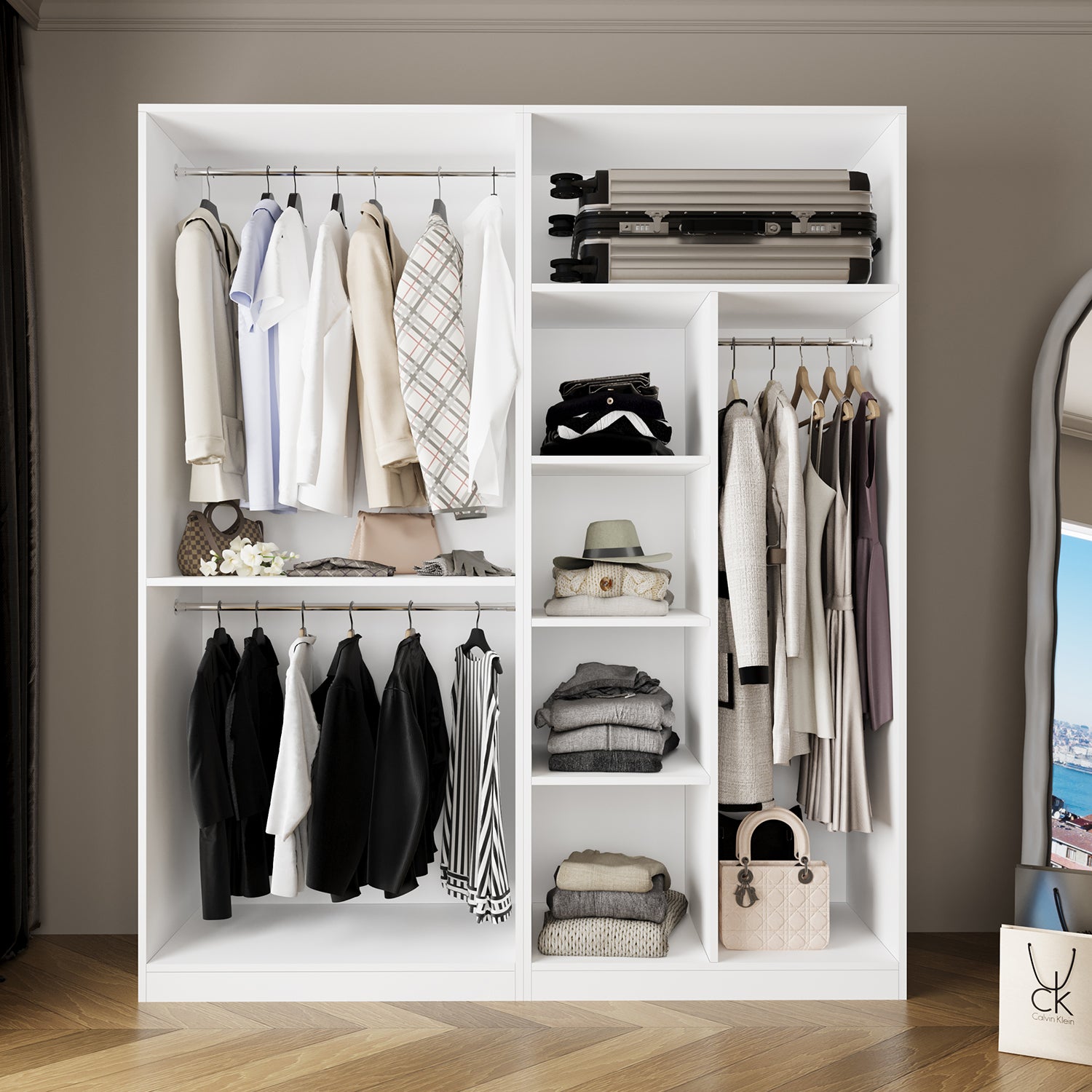 Bimossa KC30 Goss 180 cm İkili Geniş Açık Gardırop Sistemi, Çift Boy Askılı, 5 Raflı Kapaksız Beyaz Elbise Dolabı