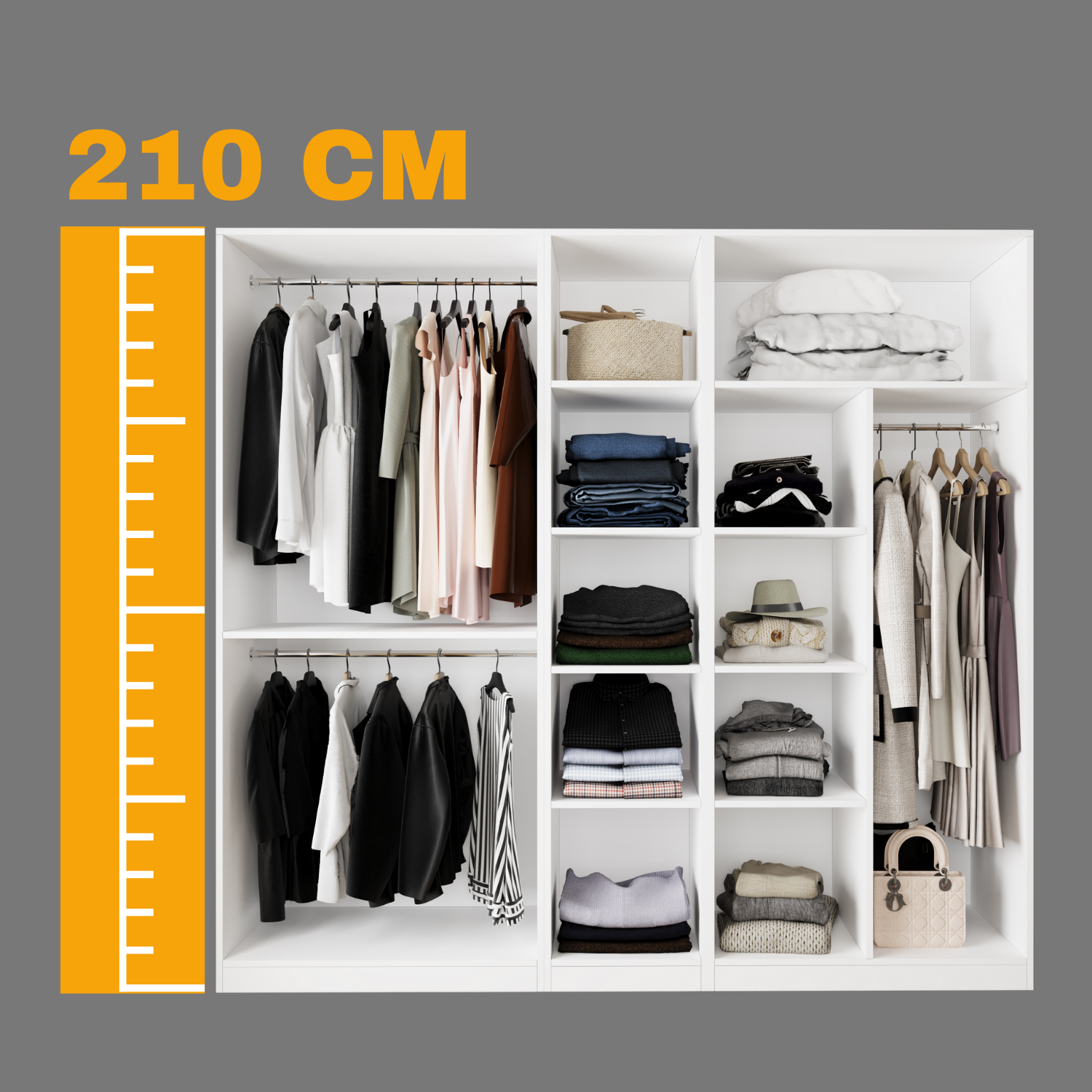 Bimossa KD70 Goss 225 cm Üçlü Dar, 3 Bölmeli Açık Gardırop, 3 Askı Alanlı, 9 Raflı ve 1 Büyük Raflı Beyaz Giyinme Dolabı