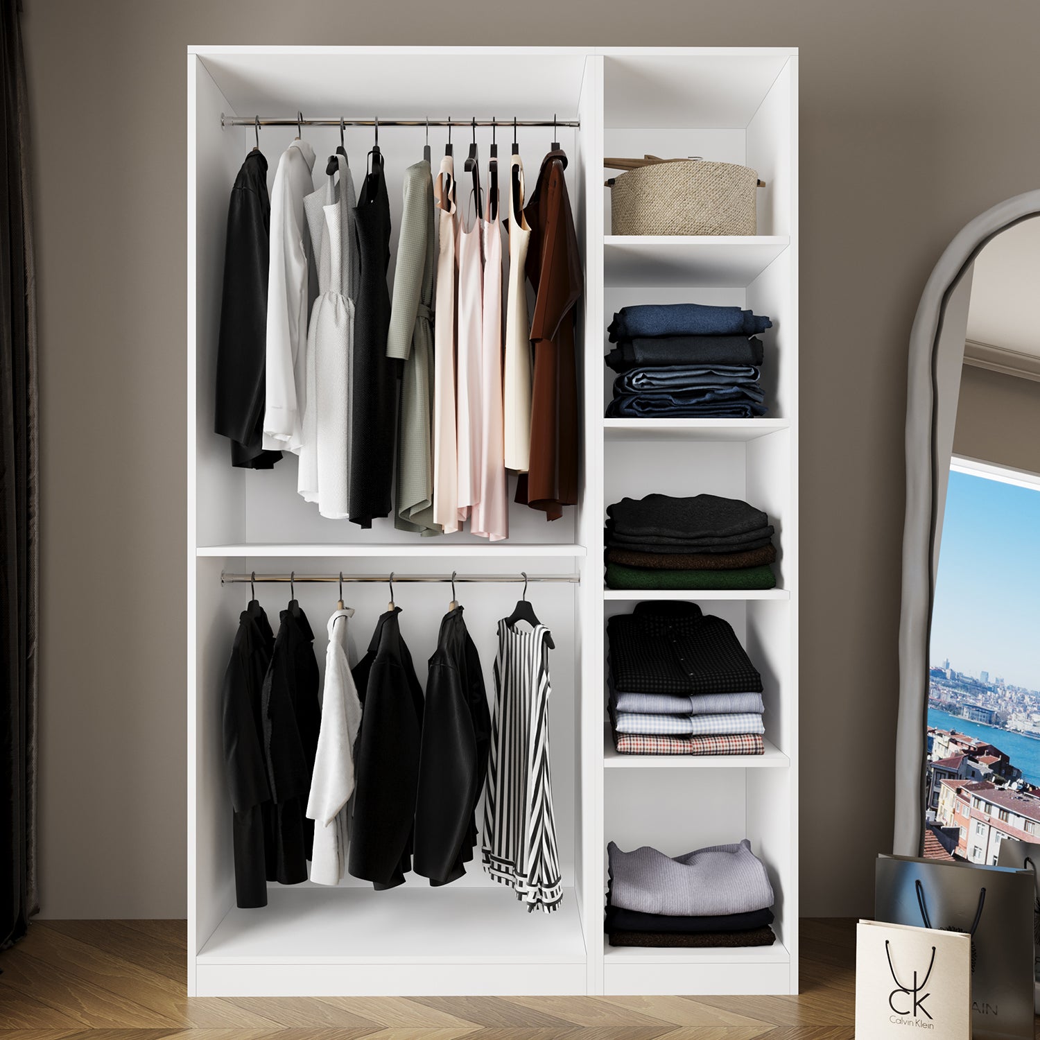 Bimossa KB70 Goss İkili 135 cm Kapaksız İki Bölmeli Dar Gardırop, Askılı ve Raflı Açık Giyinme Dolabı, Modern Tasarım Beyaz Elbise Dolabı