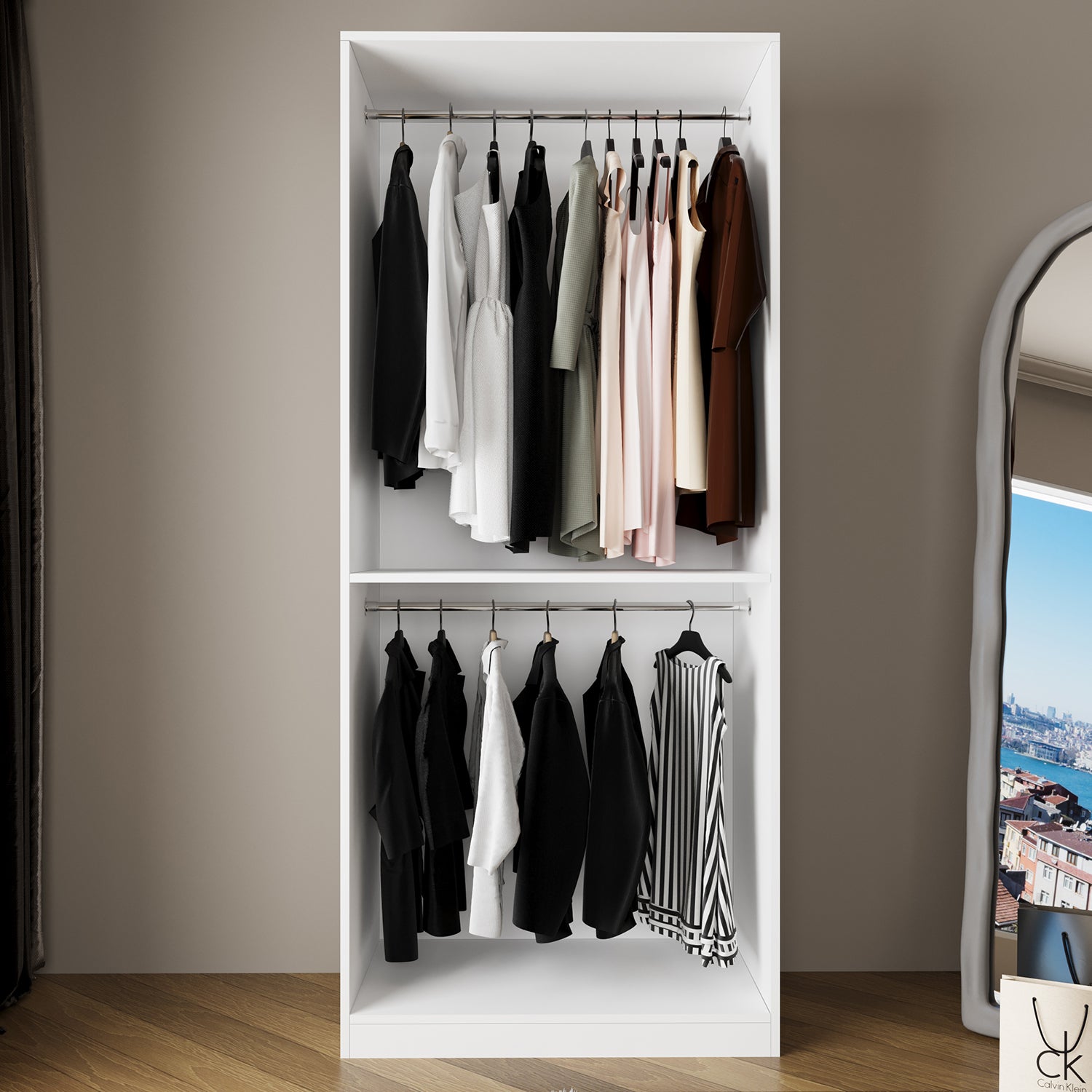 Bimossa KA70 Goss Tekli Kapaksız Gardırop, 2 Askılı Açık Giyinme Dolabı, Modern Tasarım Beyaz Elbise Dolabı