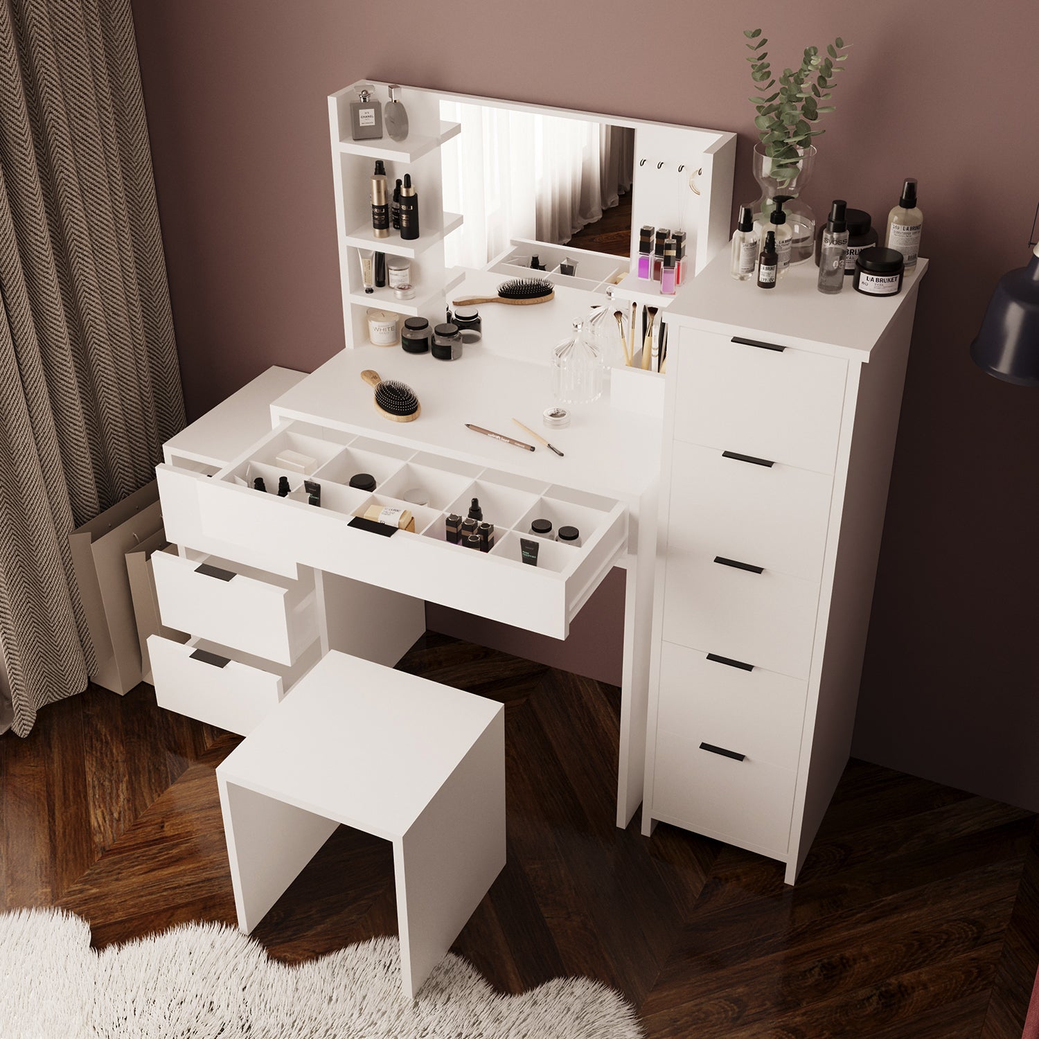 Bimossa U30 İzabel Çekmeceli Tabureli Dolaplı Makyaj Masası