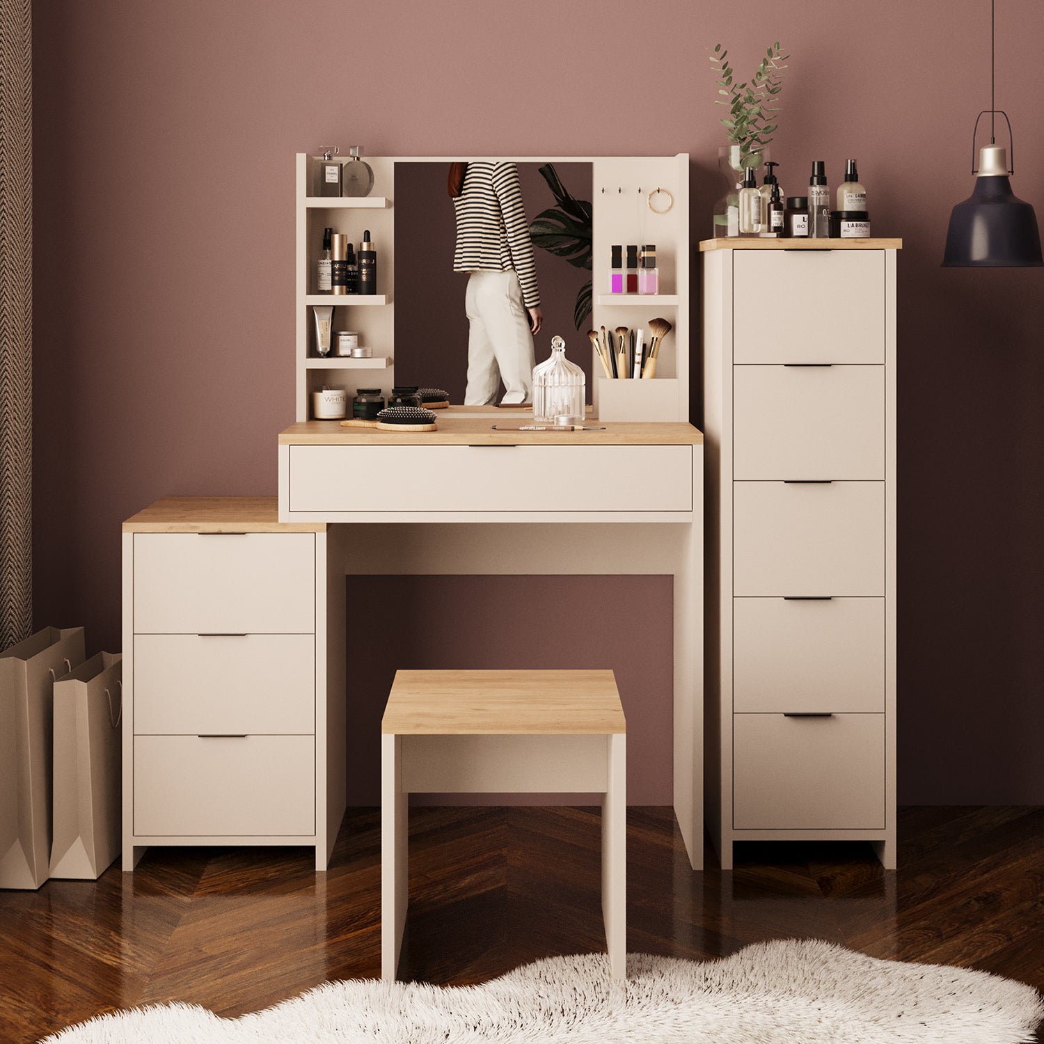 Bimossa U30 İzabel Çekmeceli Tabureli Dolaplı Makyaj Masası