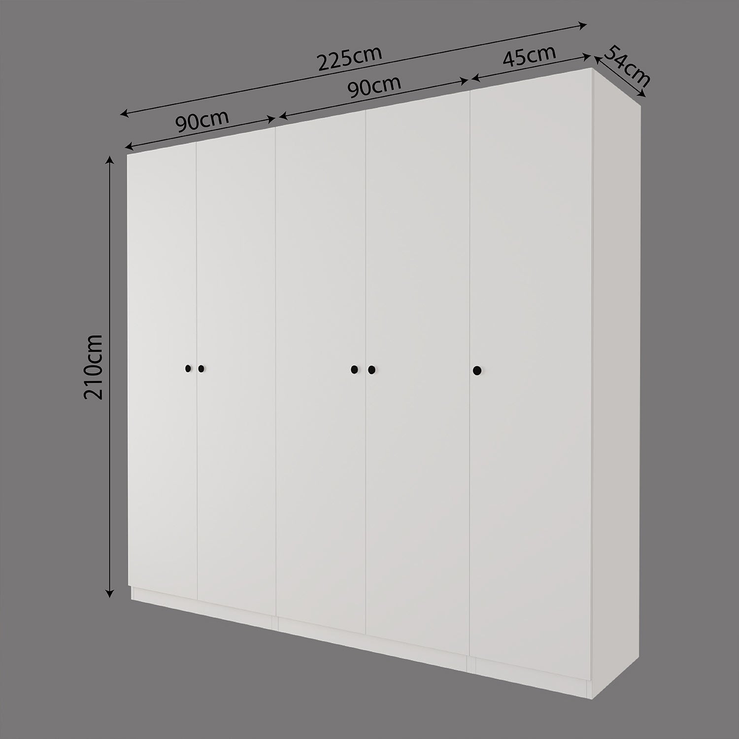 Bimossa KD60 Goss 225 cm Üçlü Dar Gardırop 5 Kapaklı, 5 Raflı, 3 Askılı ve 2 Çekmeceli Elbise Dolabı, Modern Beyaz Kapaklı Gardırop