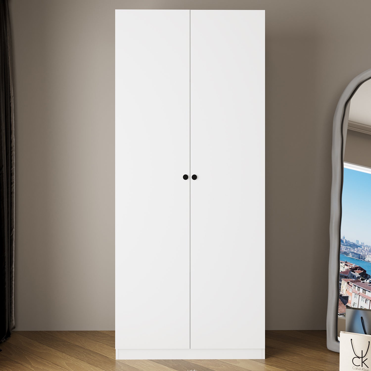 Bimossa KA60 Goss Tekli 2 Kapaklı Gardırop, 2 Çekmeceli, Askılı ve Raflı Elbise Dolabı, Modern Beyaz Yatak Odası Gardırobu