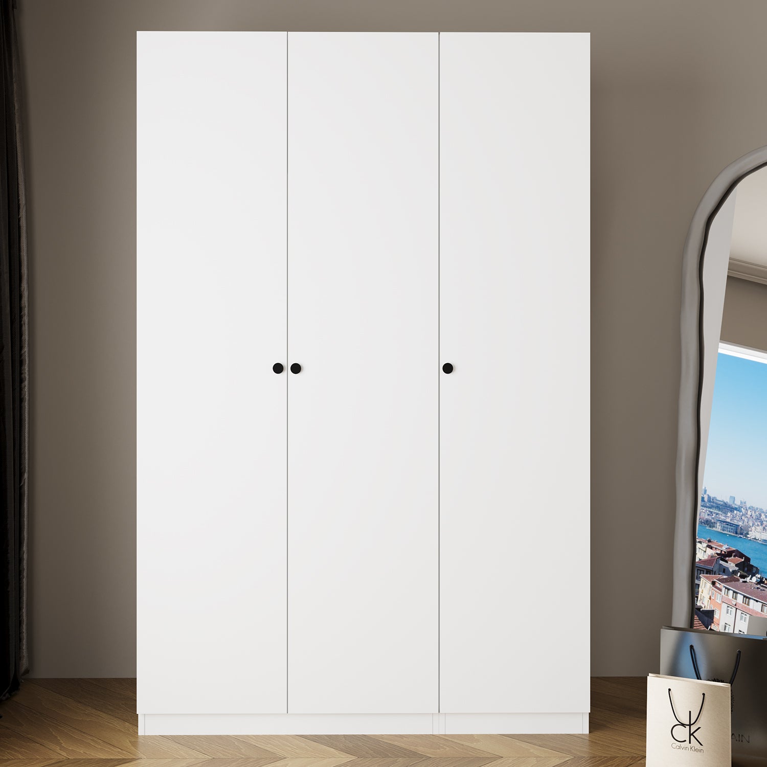 Bimossa KB60 Goss 135 cm İkili 3 Kapaklı, 2 Çekmeceli, 5 Raflı ve Askılı Elbise ve Yüklük Dolabı, Modern Beyaz Kapaklı Gardırop