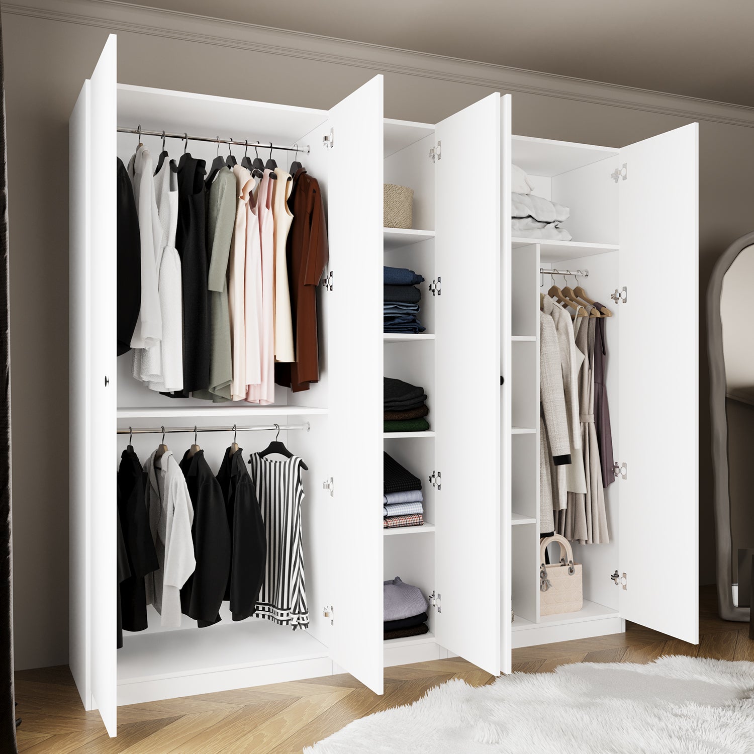 Bimossa KD80 Goss 225 cm Üçlü Dar Gardırop, 3 Askılı, 9 Raflı, Yüklüklü, 5 Kapaklı Elbise Dolabı, Beyaz Kapaklı Gardırop