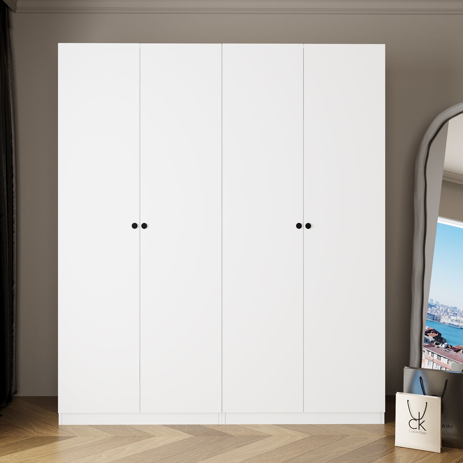 Bimossa KC80 Goss 180 cm İkili Geniş 4 Kapaklı, Askılı ve Çekmeceli Elbise Dolabı, Modern Beyaz Kapaklı Gardırop