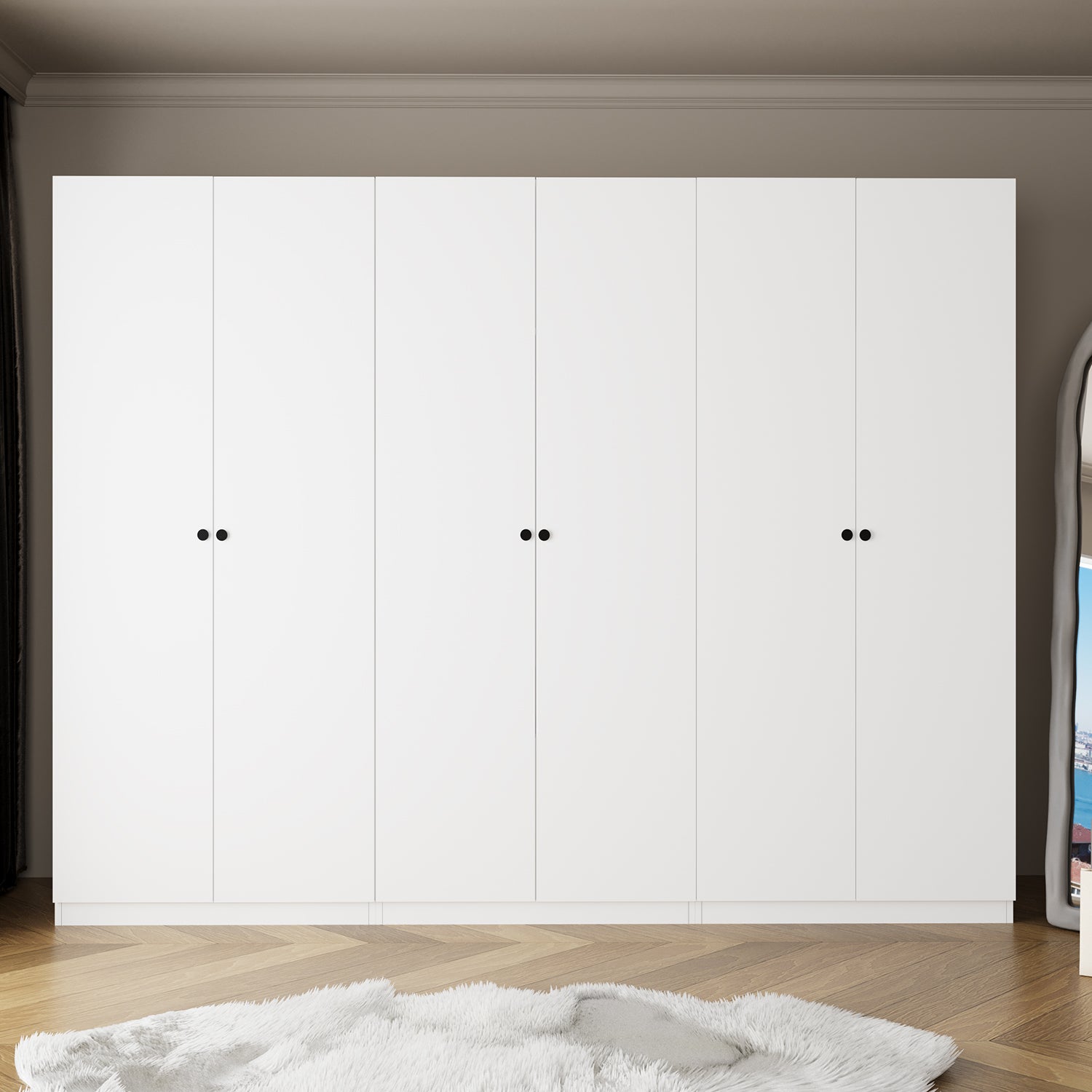 Bimossa KE40 Goss 270 cm Üçlü Geniş 2 Çekmeceli, 3 Askılı, Yüklüklü ve 4 Raflı Elbise Dolabı, Modern Beyaz 5 Kapaklı Gardırop