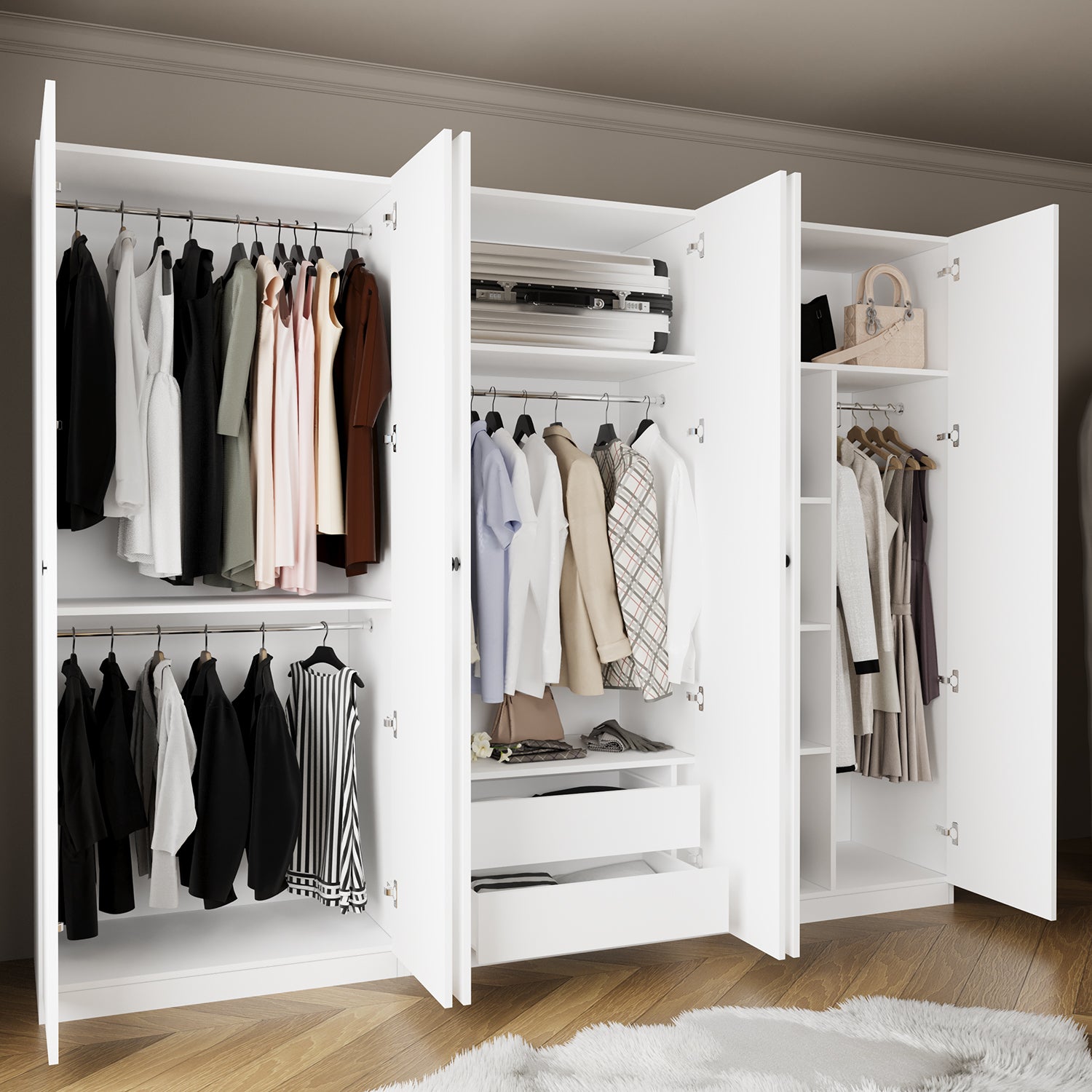 Bimossa KE40 Goss 270 cm Üçlü Geniş 2 Çekmeceli, 3 Askılı, Yüklüklü ve 4 Raflı Elbise Dolabı, Modern Beyaz 6 Kapaklı Gardırop