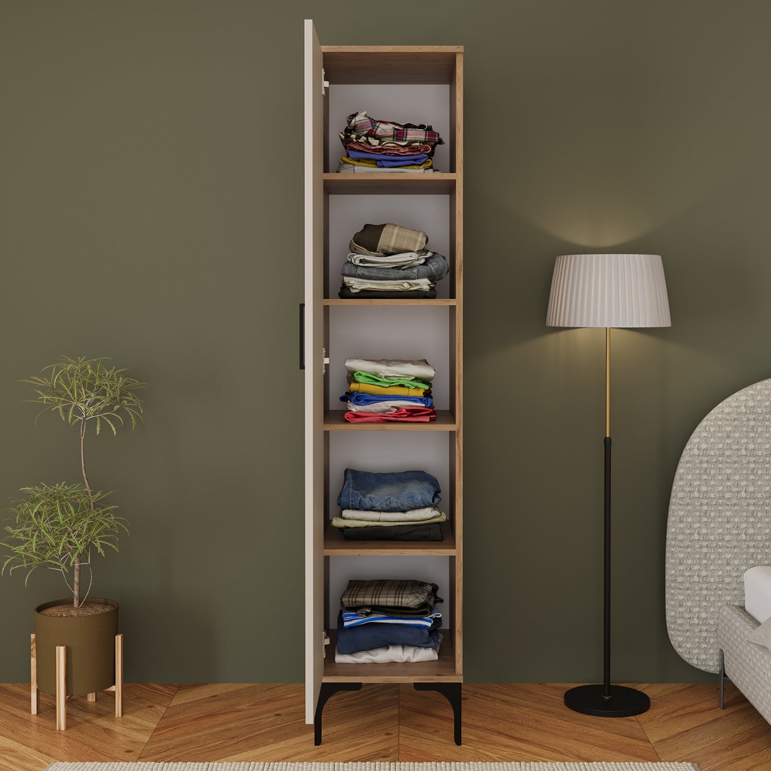 Bimossa K70 Loft 40 cm Tek Kapaklı Gardırop, 5 Raflı Elbise Dolabı, Aynasız Modern Metal Ayaklı Gardırop