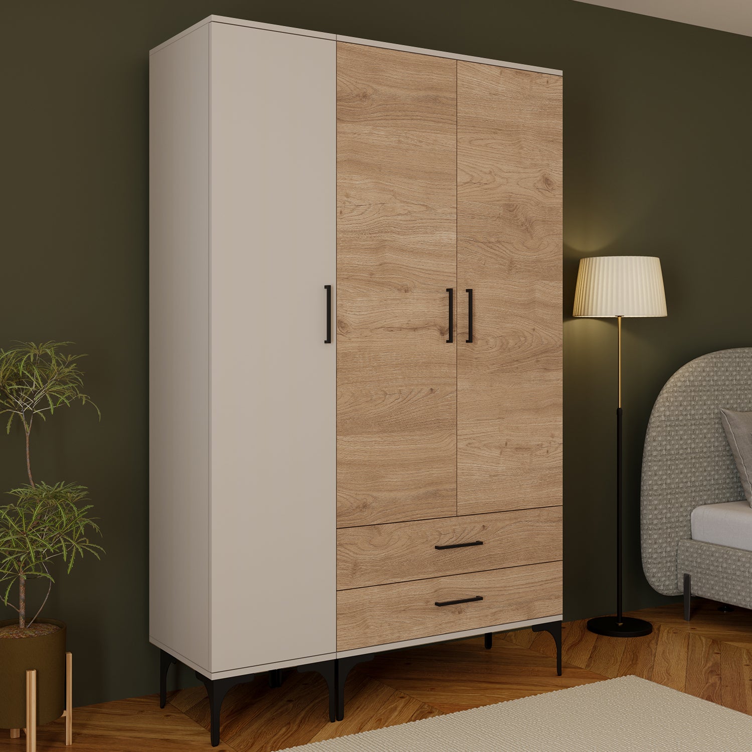 Bimossa K90 Loft 120 cm 3 Kapaklı 2 Çekmeceli Gardırop, Askılı Raflı Elbise Dolabı, Modern Kapaklı Aynasız Gardırop