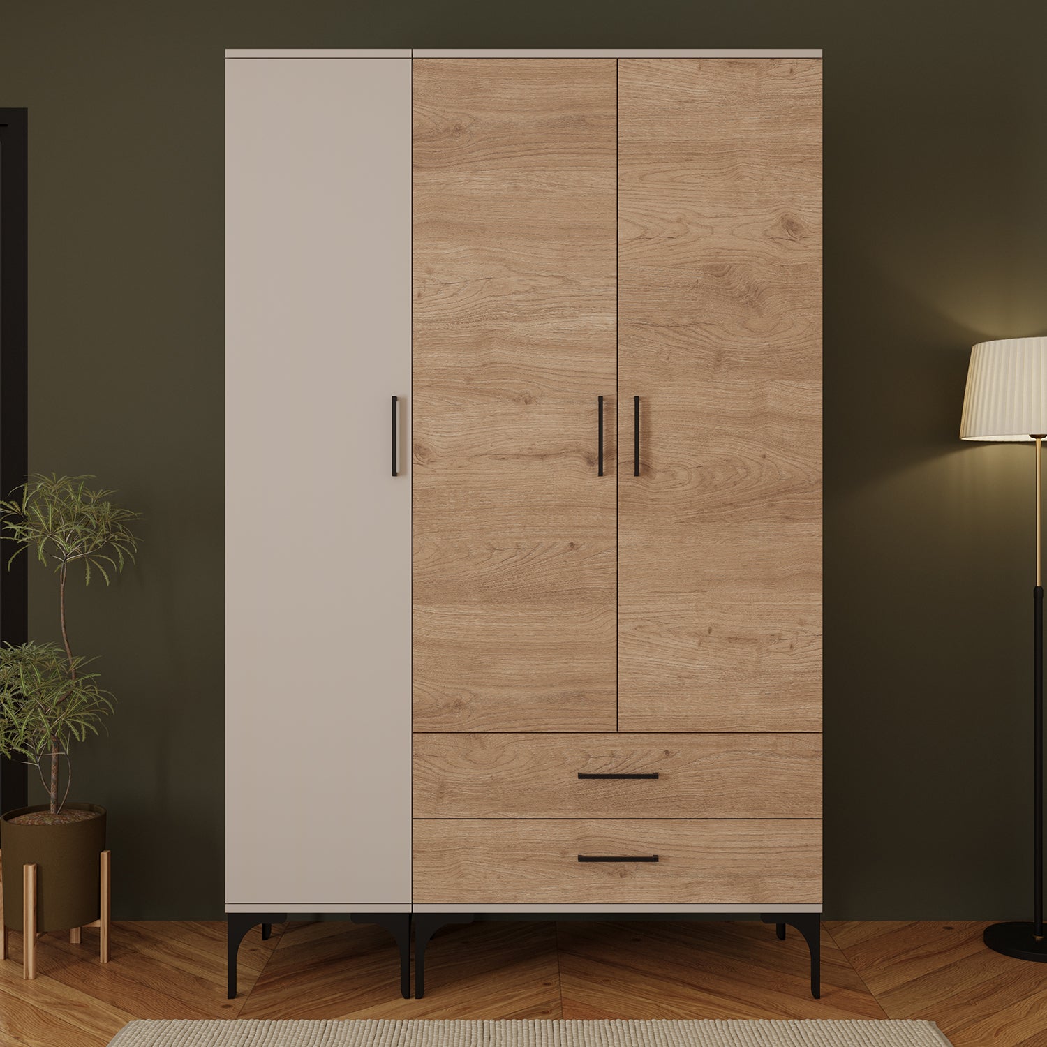 Bimossa K90 Loft 120 cm 3 Kapaklı 2 Çekmeceli Gardırop, Askılı Raflı Elbise Dolabı, Modern Kapaklı Aynasız Gardırop