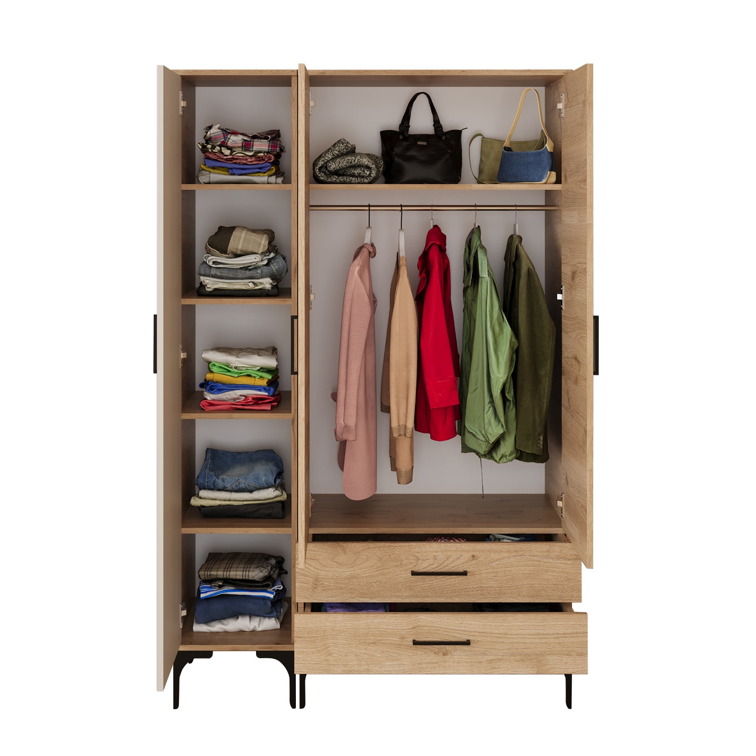 Bimossa K90 Loft 120 cm 3 Kapaklı 2 Çekmeceli Gardırop, Askılı Raflı Elbise Dolabı, Modern Kapaklı Aynasız Gardırop