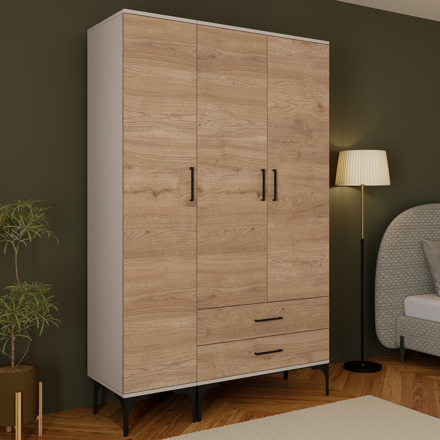 Bimossa K90 Loft 120 cm 3 Kapaklı 2 Çekmeceli Gardırop, Askılı Raflı Elbise Dolabı, Modern Kapaklı Aynasız Gardırop