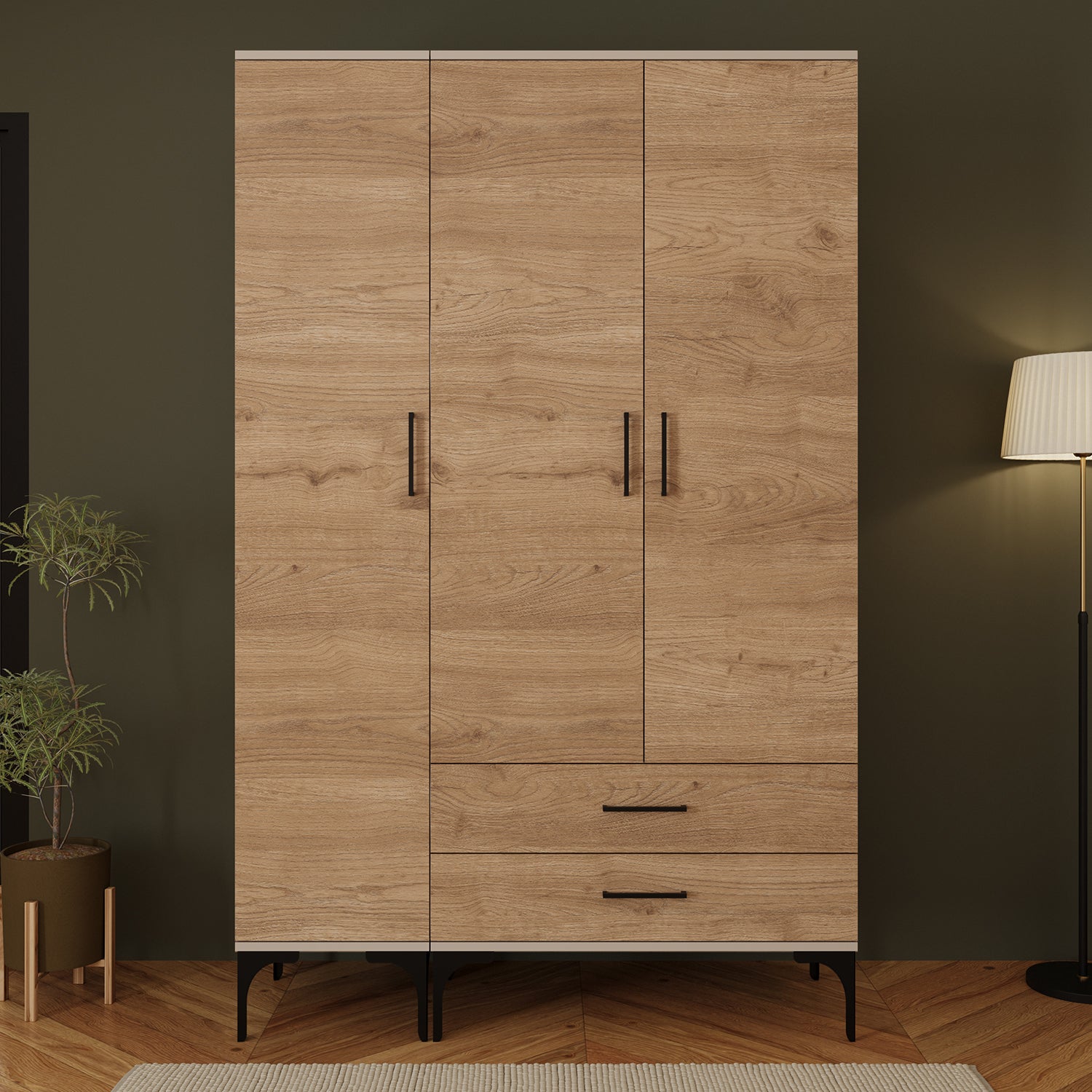 Bimossa K90 Loft 120 cm 3 Kapaklı 2 Çekmeceli Gardırop, Askılı Raflı Elbise Dolabı, Modern Kapaklı Aynasız Gardırop