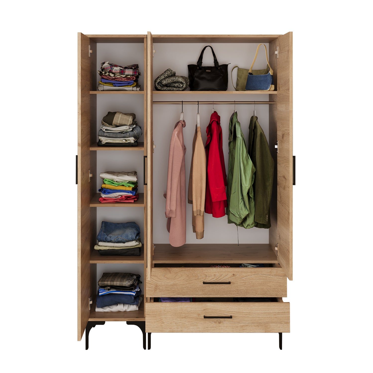 Bimossa K90 Loft 120 cm 3 Kapaklı 2 Çekmeceli Gardırop, Askılı Raflı Elbise Dolabı, Modern Kapaklı Aynasız Gardırop