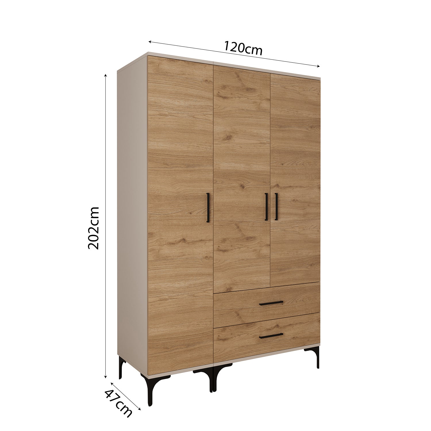 Bimossa K90 Loft 120 cm 3 Kapaklı 2 Çekmeceli Gardırop, Askılı Raflı Elbise Dolabı, Modern Kapaklı Aynasız Gardırop