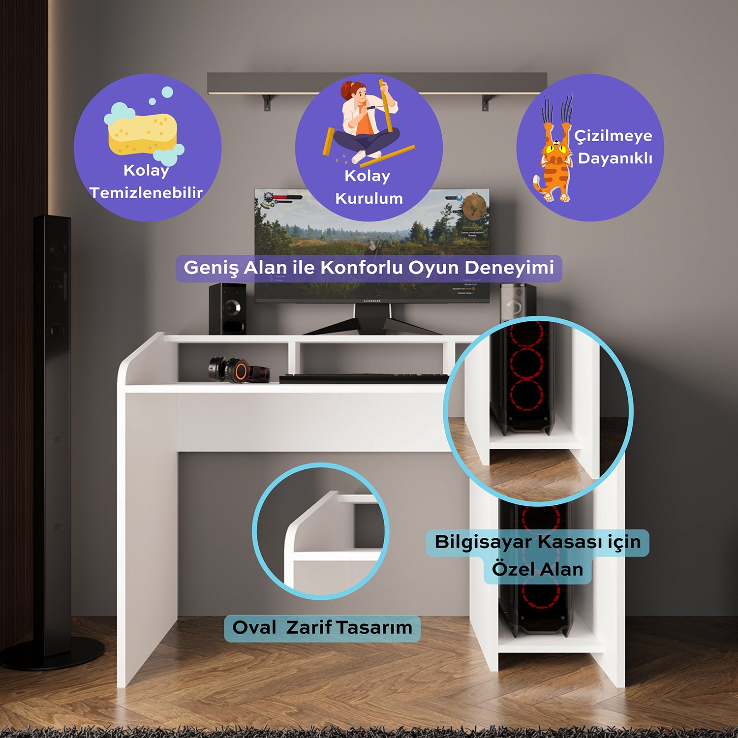 Bimossa S8381 Nova Kasalı Oyuncu Masası Beyaz, Gaming & Bilgisayar & Çalışma Masası 117 cm