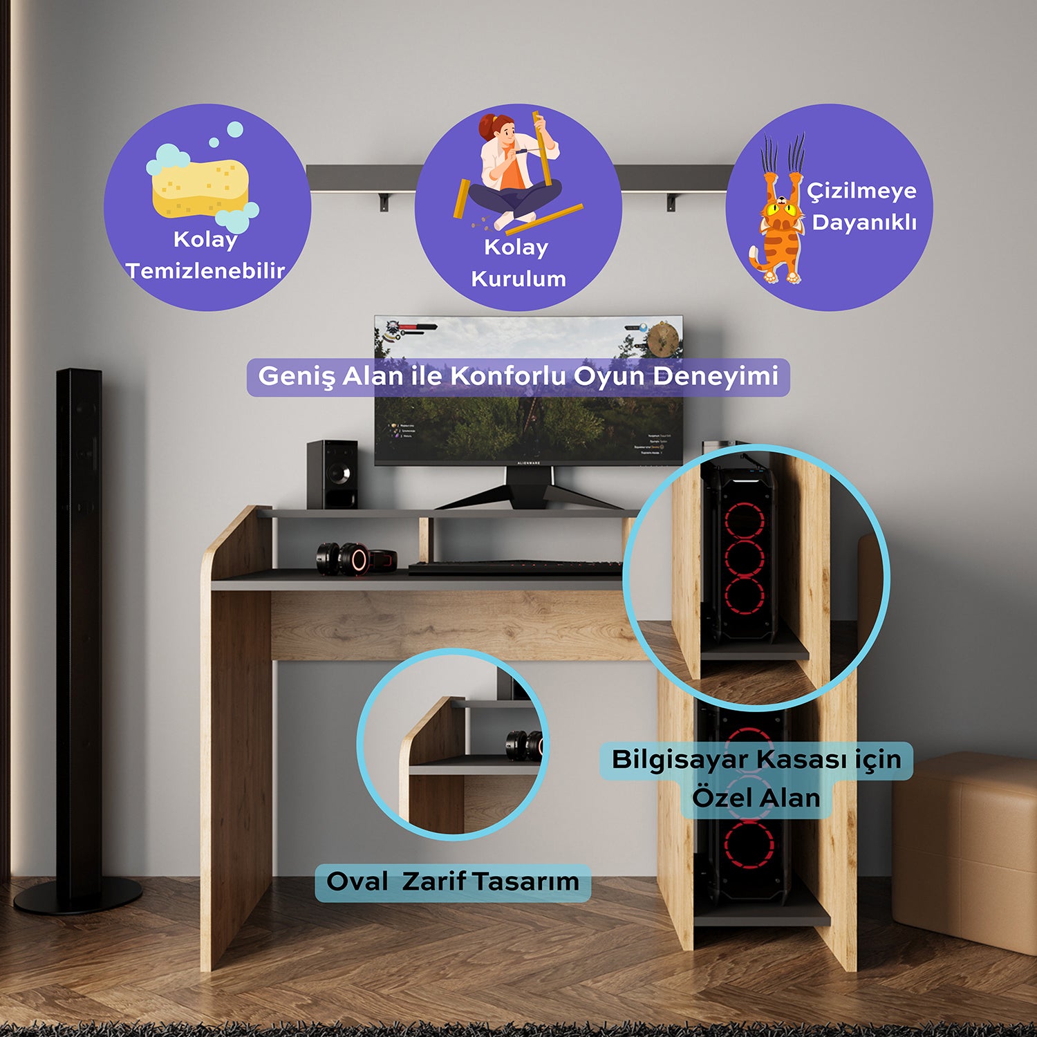 Bimossa S8381 Nova Kasalı Oyuncu Masası Antrasit Meşe & Gaming Bilgisayar Masası 117 cm