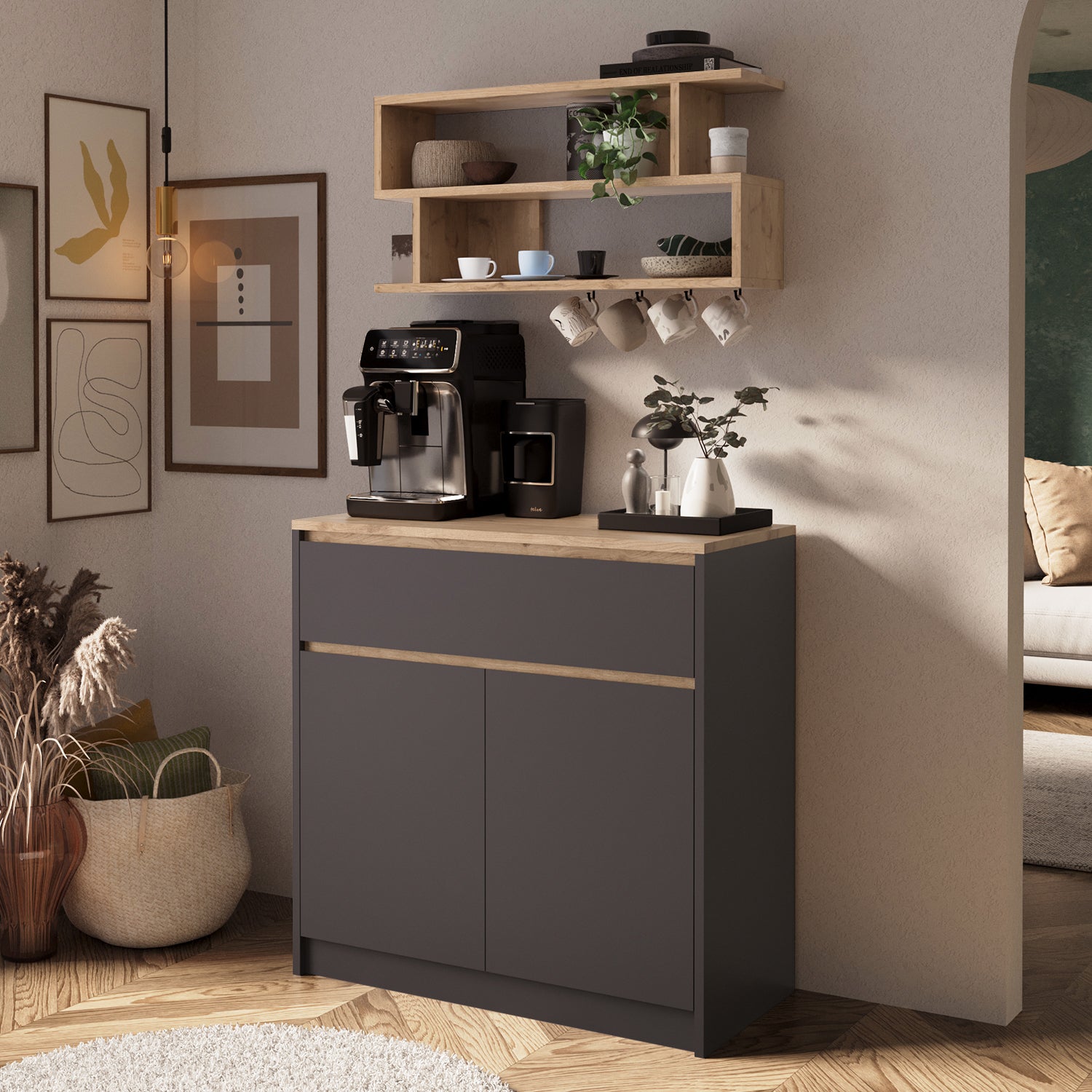 Bimossa Y38 Nera Kahve Köşesi Dolabı, Modern Geniş Depolama Alanı, Yeni Çok Amaçlı Dolap