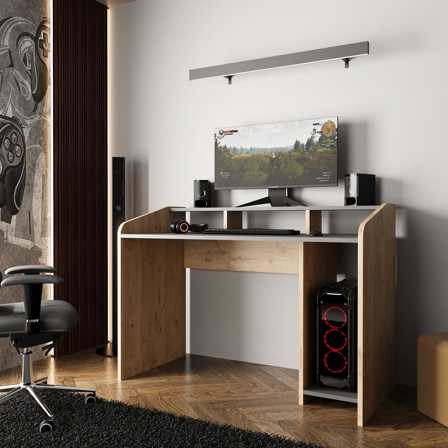 Bimossa S8381 Nova Kasalı Oyuncu Masası Antrasit Meşe & Gaming Bilgisayar Masası 117 cm