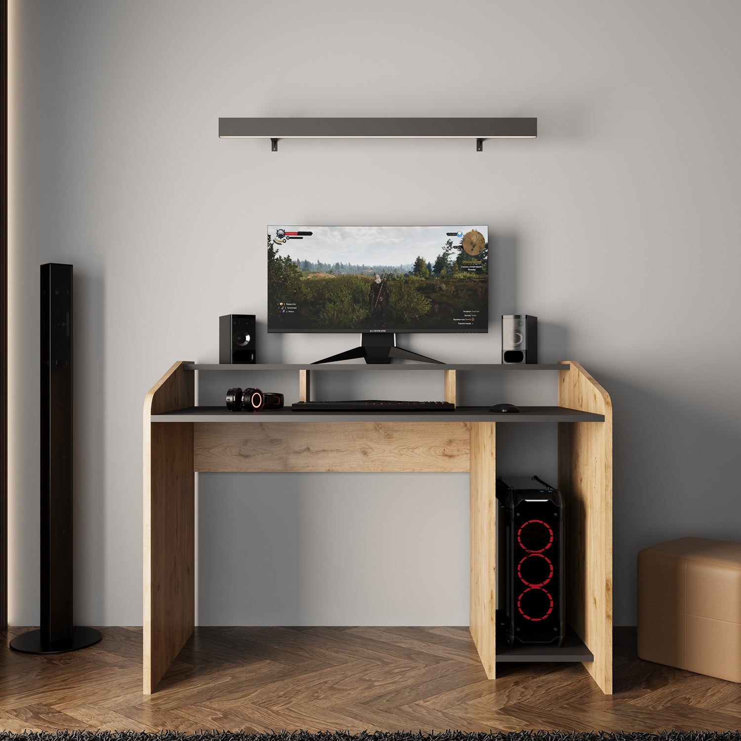 Bimossa S8381 Nova Kasalı Oyuncu Masası Antrasit Meşe & Gaming Bilgisayar Masası 117 cm