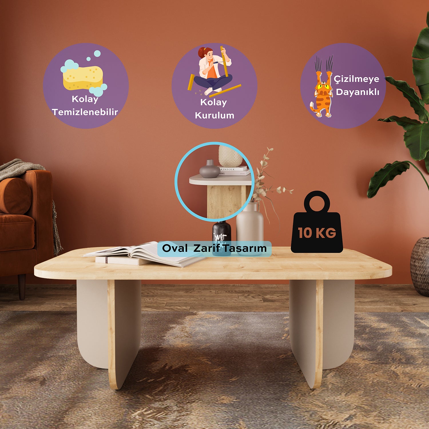 Bimossa O47 Beca Dikdörtgen Orta Sehpa 100 cm Meşe - Mavi - Tarçın