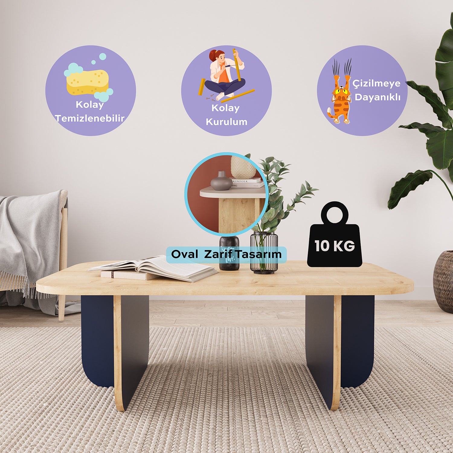 Bimossa O47 Beca Dikdörtgen Orta Sehpa 100 cm Meşe - Mavi - Tarçın