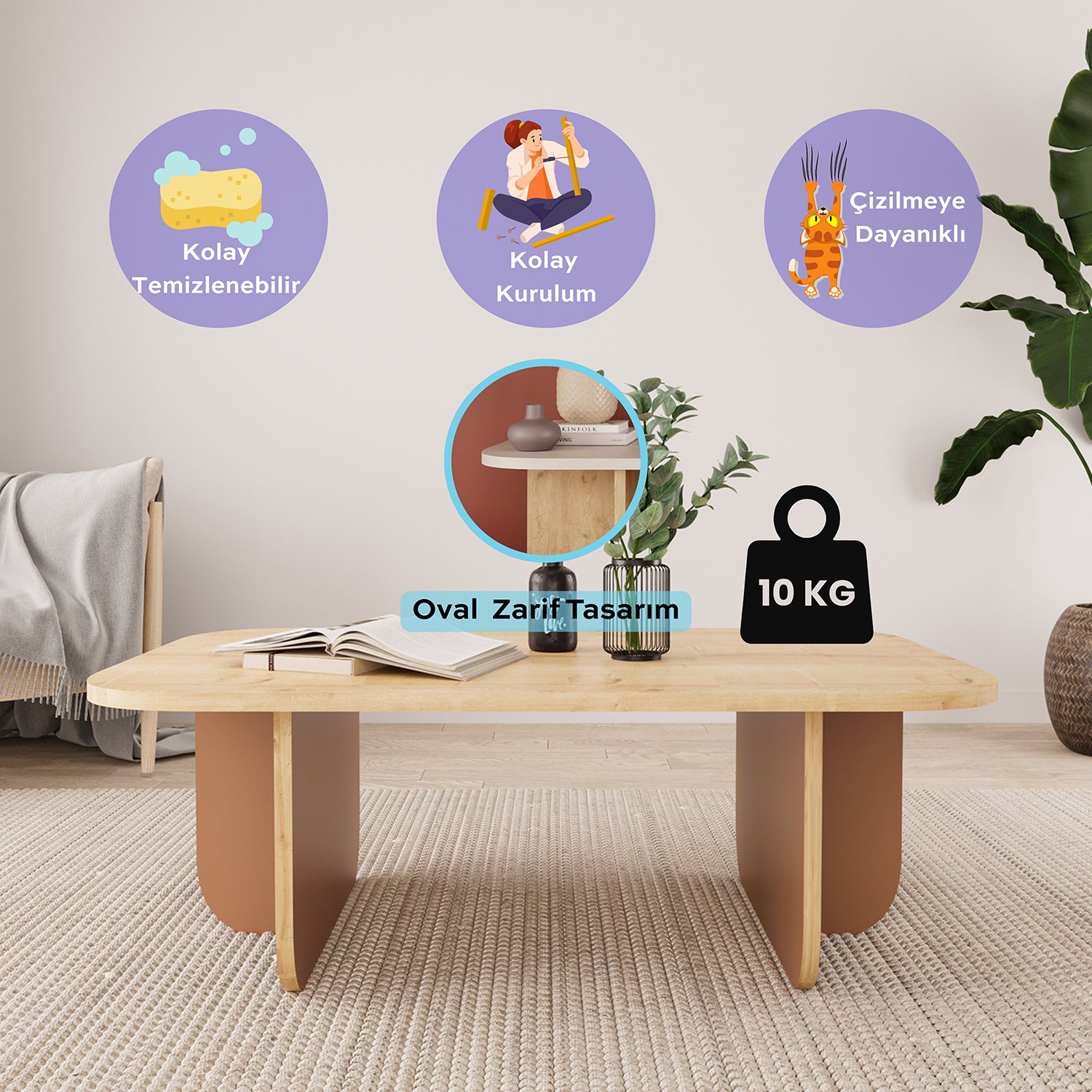 Bimossa O47 Beca Dikdörtgen Orta Sehpa 100 cm Meşe - Mavi - Tarçın