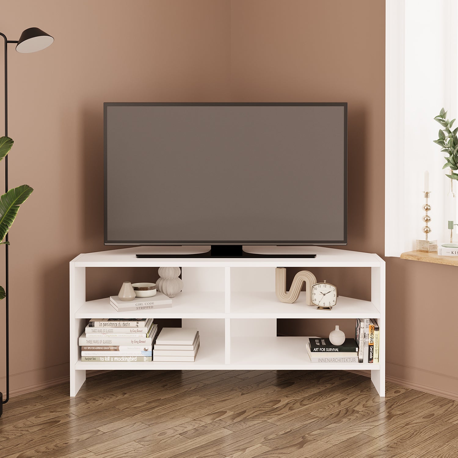 Bimossa B14 Roy Köşe TV Sehpası 48 İnç Uyumlu Raflı Modern Salon TV Ünitesi