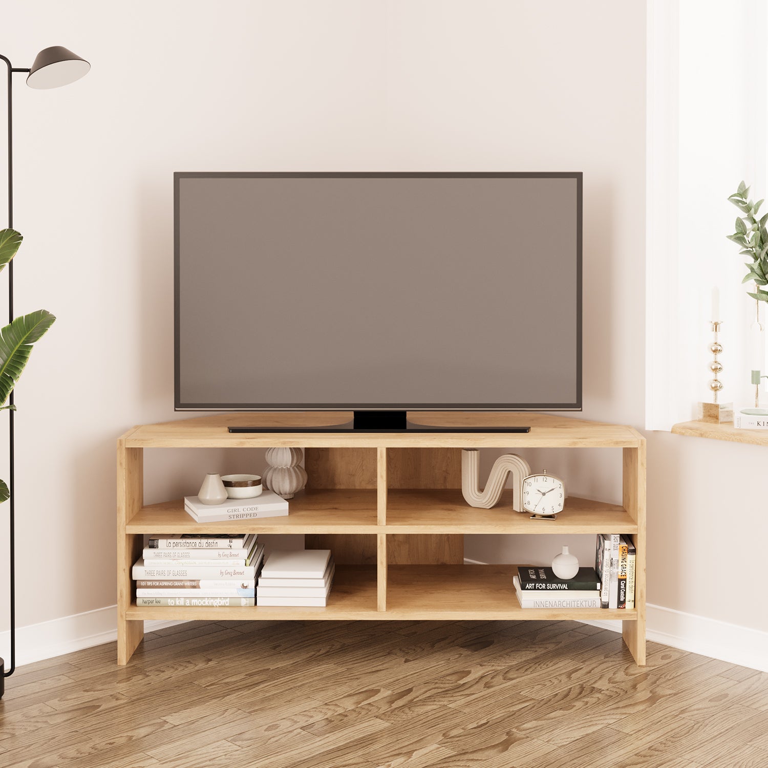 Bimossa B14 Roy Köşe TV Sehpası 48 İnç Uyumlu Raflı Modern Salon TV Ünitesi