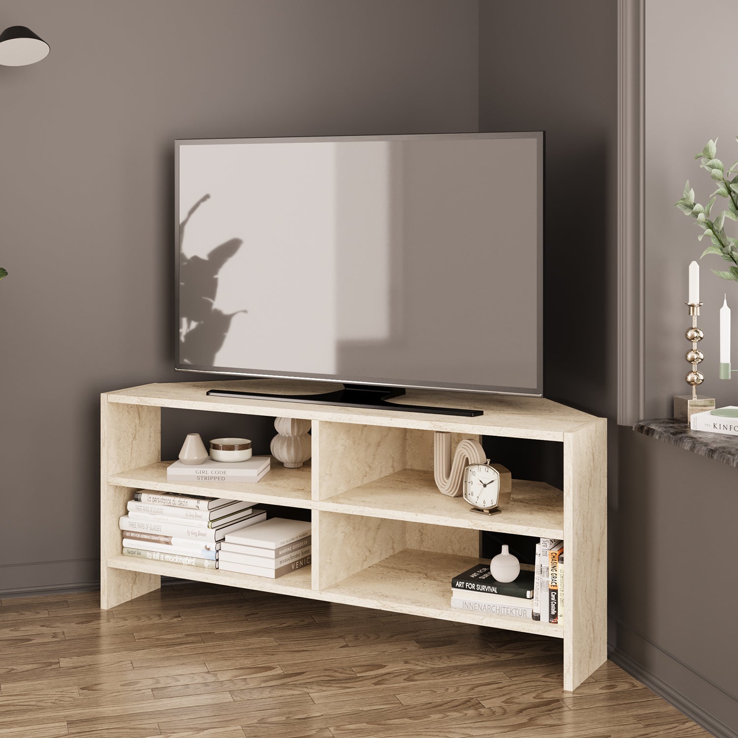 Bimossa B14 Roy Köşe TV Sehpası 48 İnç Uyumlu Raflı Modern Salon TV Ünitesi