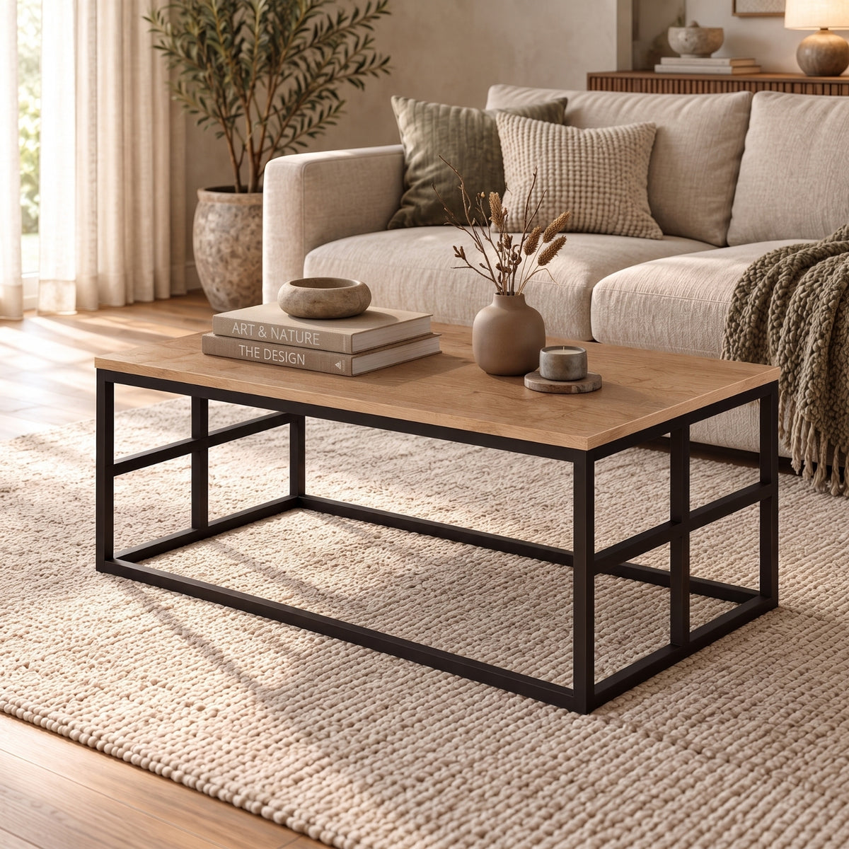 Bimossa O01 Sahara Karmen Orta Sehpa Sepet, 100 cm Siyah Metal Gövdeli Modern Dikdörtgen Salon Sehpası
