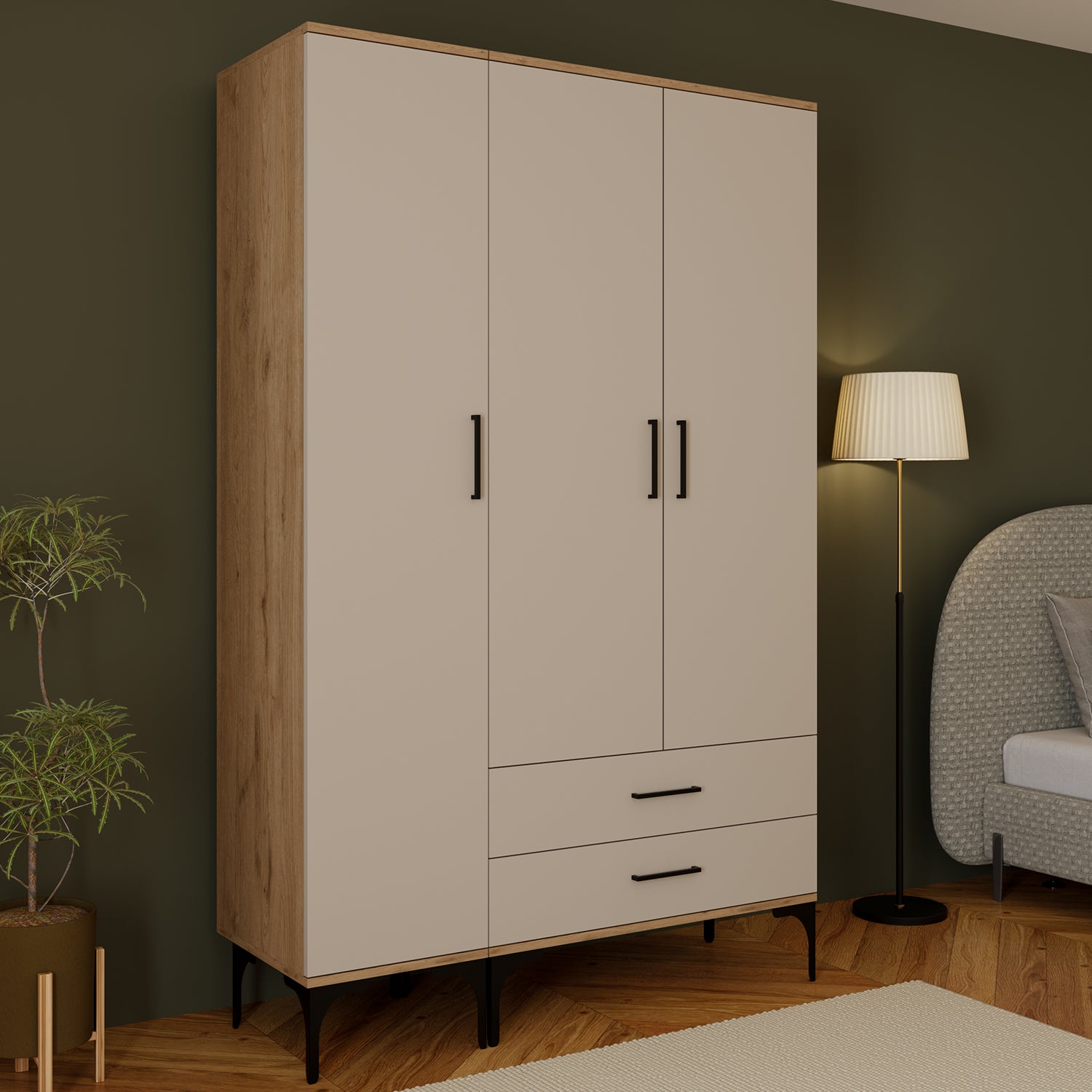 Bimossa K90 Loft 120 cm 3 Kapaklı 2 Çekmeceli Gardırop, Askılı Raflı Elbise Dolabı, Modern Kapaklı Aynasız Gardırop