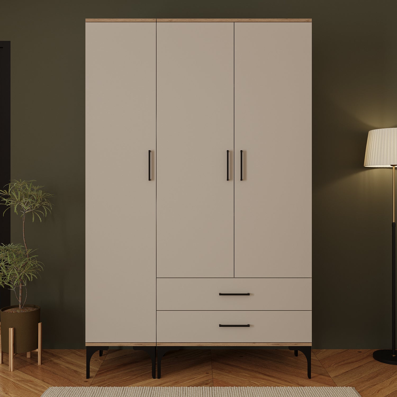 Bimossa K90 Loft 120 cm 3 Kapaklı 2 Çekmeceli Gardırop, Askılı Raflı Elbise Dolabı, Modern Kapaklı Aynasız Gardırop