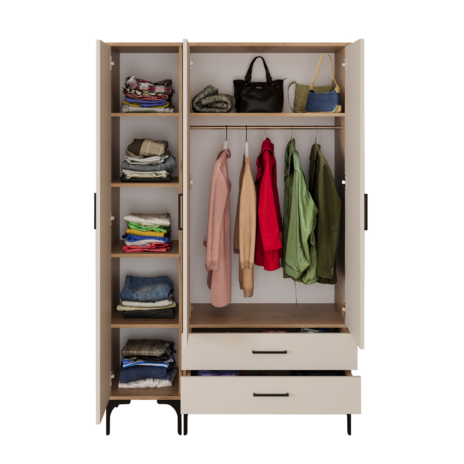 Bimossa K90 Loft 120 cm 3 Kapaklı 2 Çekmeceli Gardırop, Askılı Raflı Elbise Dolabı, Modern Kapaklı Aynasız Gardırop