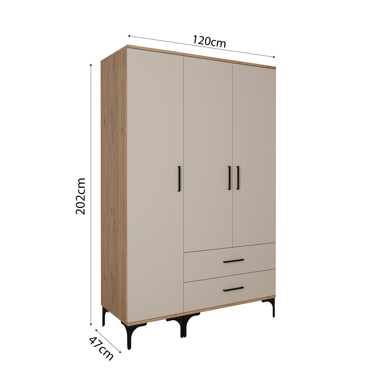 Bimossa K90 Loft 120 cm 3 Kapaklı 2 Çekmeceli Gardırop, Askılı Raflı Elbise Dolabı, Modern Kapaklı Aynasız Gardırop