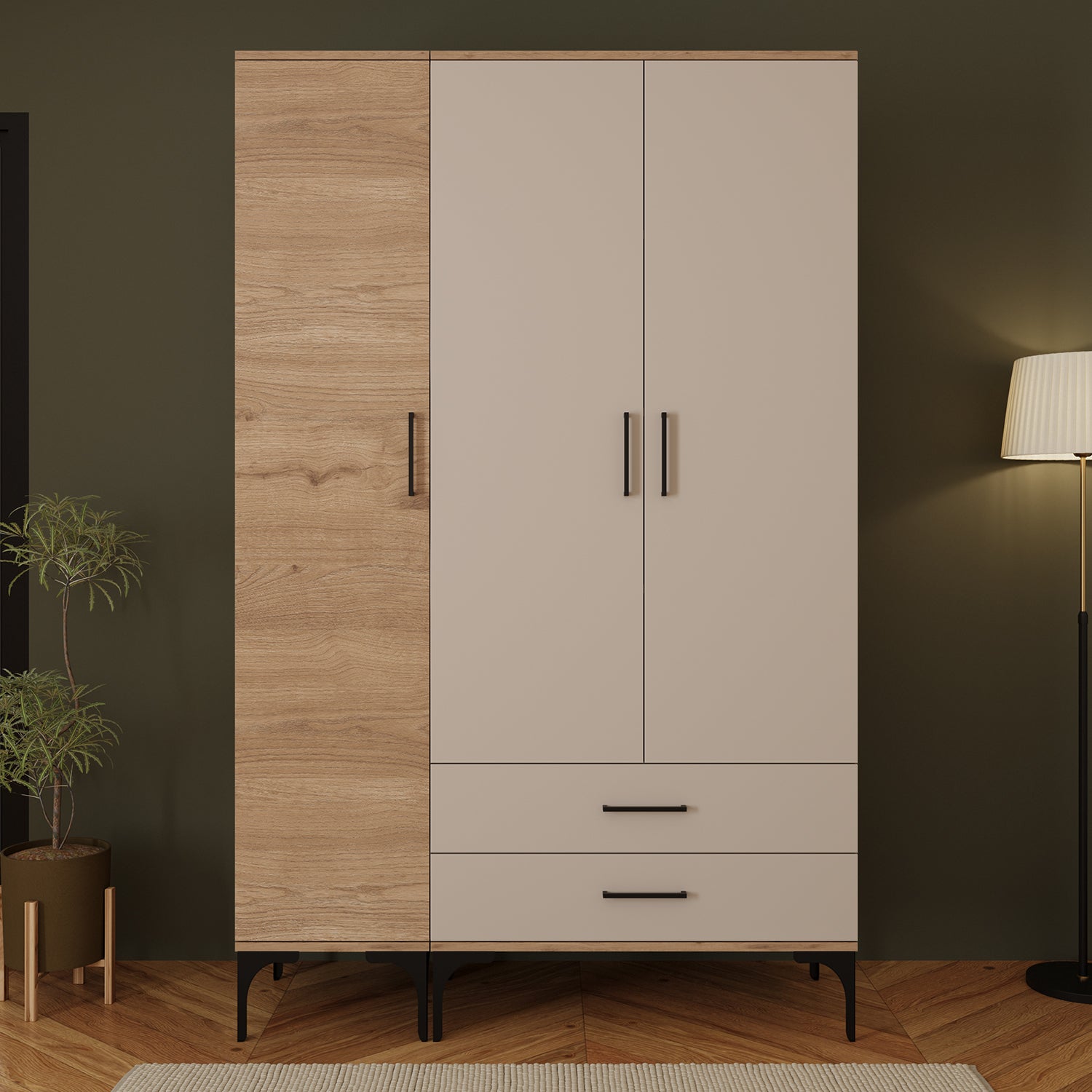 Bimossa K90 Loft 120 cm 3 Kapaklı 2 Çekmeceli Gardırop, Askılı Raflı Elbise Dolabı, Modern Kapaklı Aynasız Gardırop