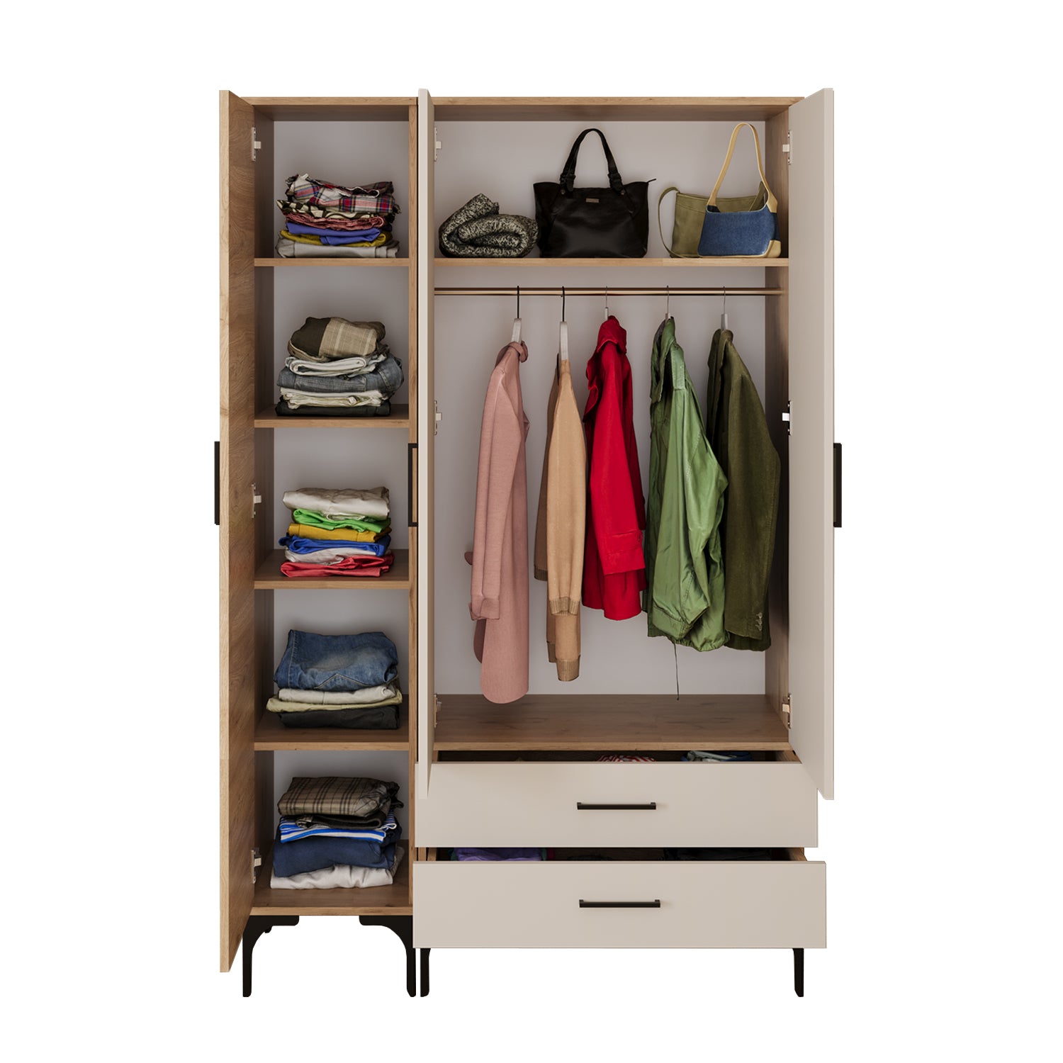 Bimossa K90 Loft 120 cm 3 Kapaklı 2 Çekmeceli Gardırop, Askılı Raflı Elbise Dolabı, Modern Kapaklı Aynasız Gardırop