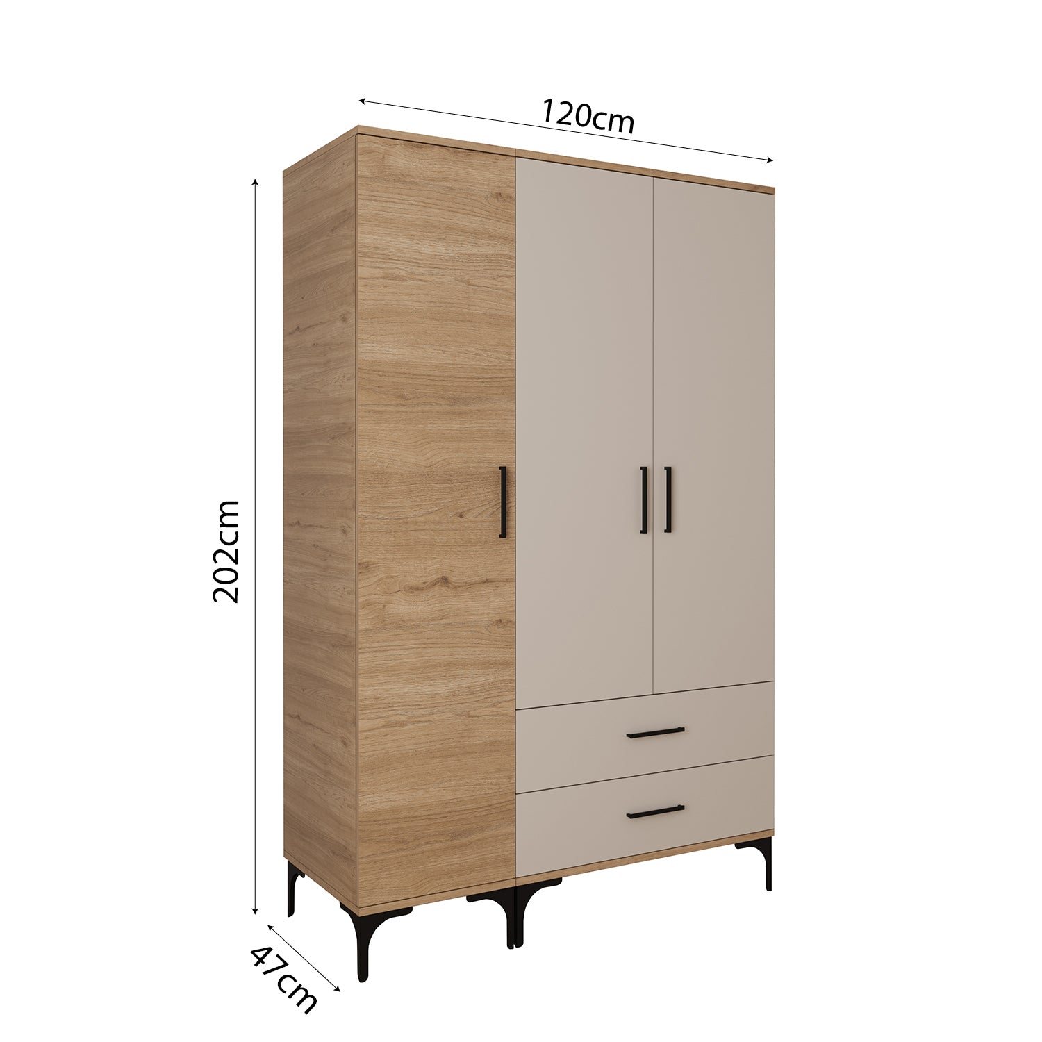 Bimossa K90 Loft 120 cm 3 Kapaklı 2 Çekmeceli Gardırop, Askılı Raflı Elbise Dolabı, Modern Kapaklı Aynasız Gardırop