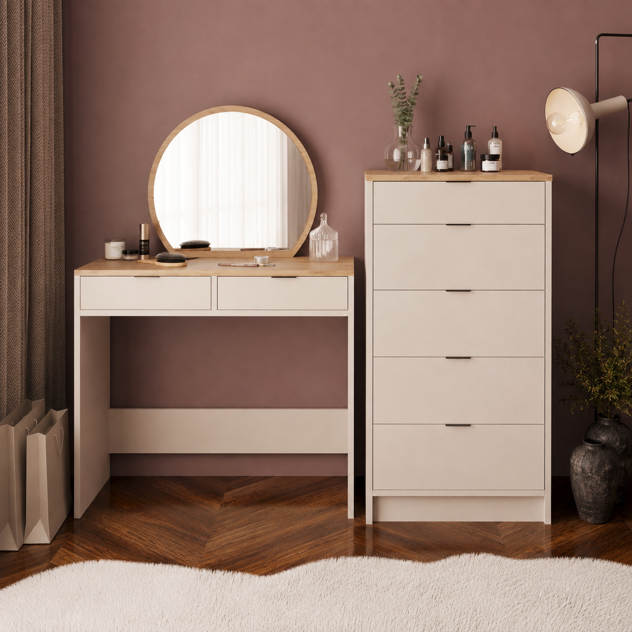 Bimossa T20 Geniş Dolaplı Flora Makyaj Masası Seti - Oval Aynalı ve Geniş 5 Çekmeceli