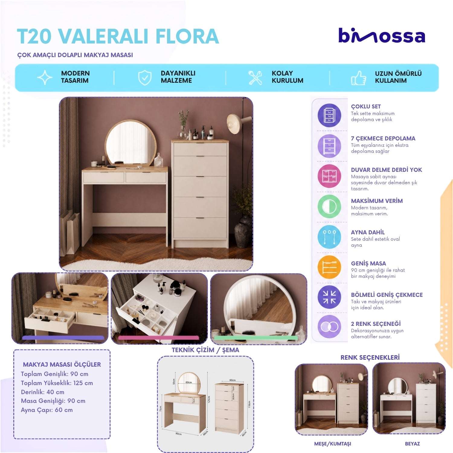Bimossa T20 Geniş Dolaplı Flora Makyaj Masası Seti - Oval Aynalı ve Geniş 5 Çekmeceli