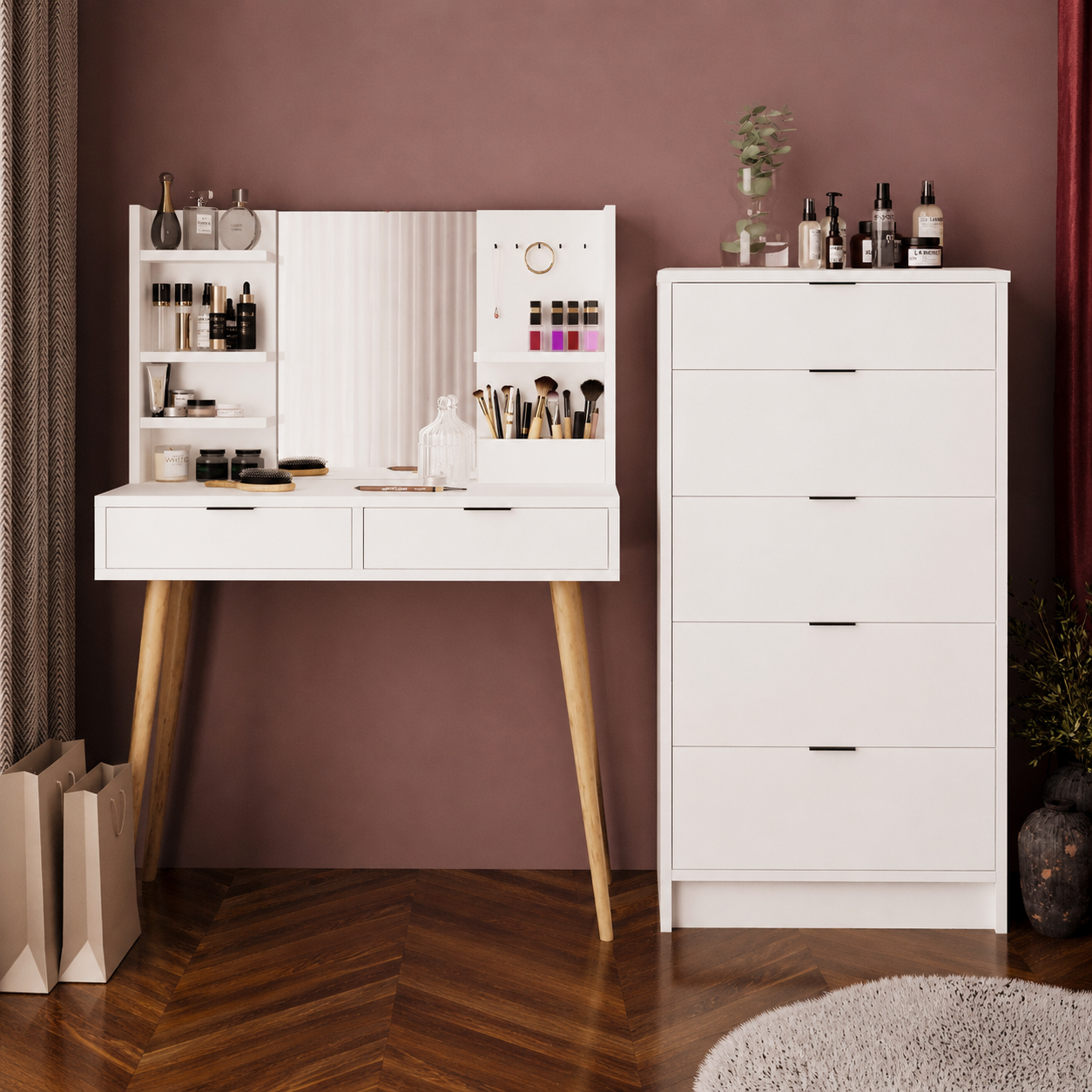 Bimossa T40 Geniş Dolaplı Bella Makyaj Masası Seti - Aynalı, Raflı ve Torna Ayaklı
