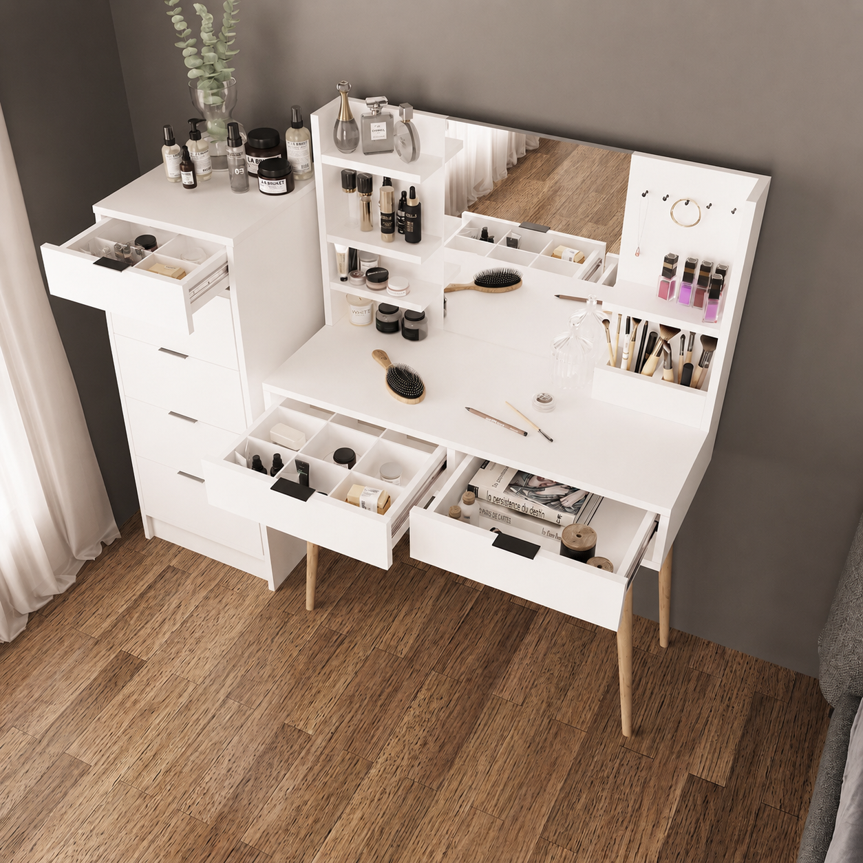 Bimossa T40 Geniş Dolaplı Bella Makyaj Masası Seti - Aynalı, Raflı ve Torna Ayaklı