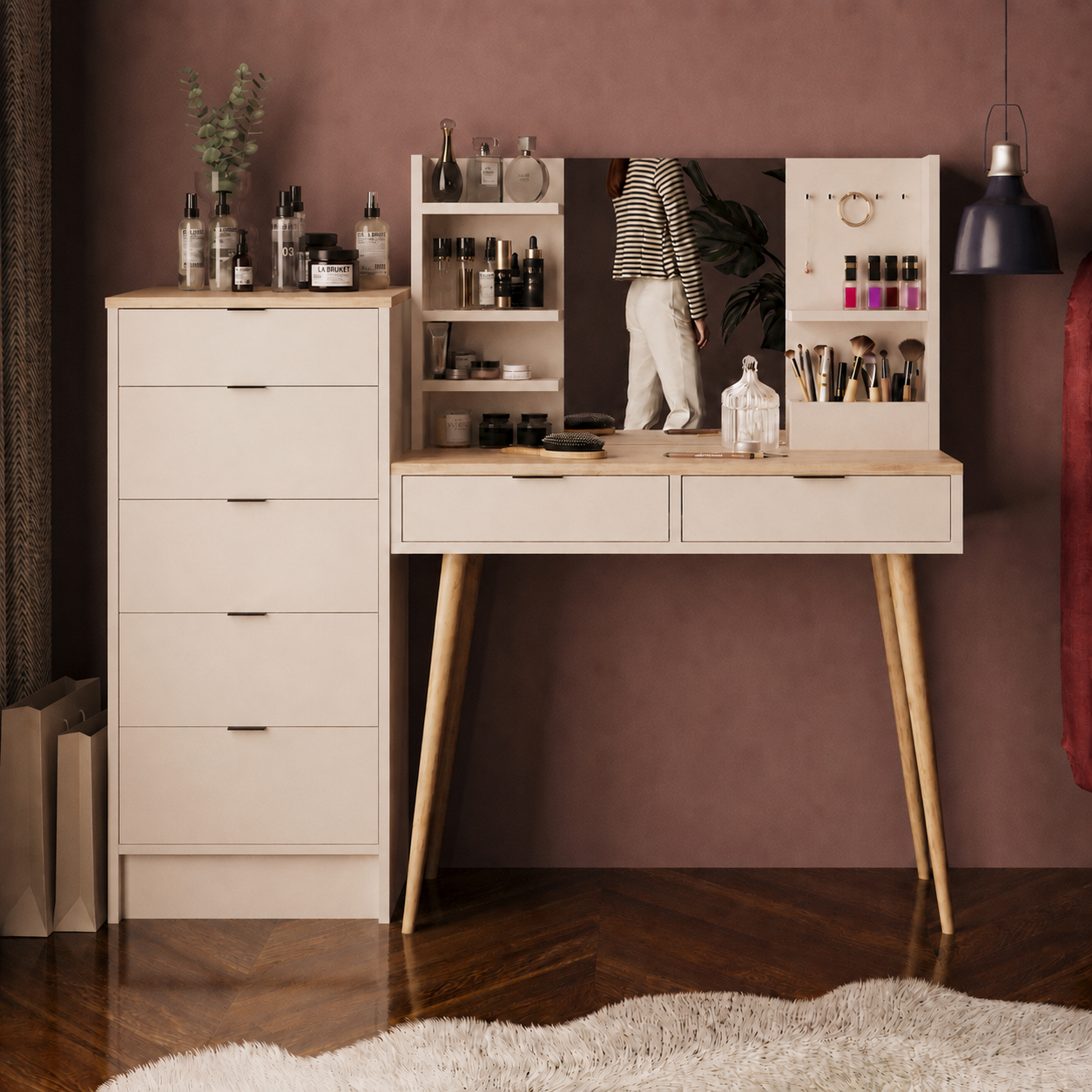 Bimossa T40 Geniş Dolaplı Bella Makyaj Masası Seti - Aynalı, Raflı ve Torna Ayaklı