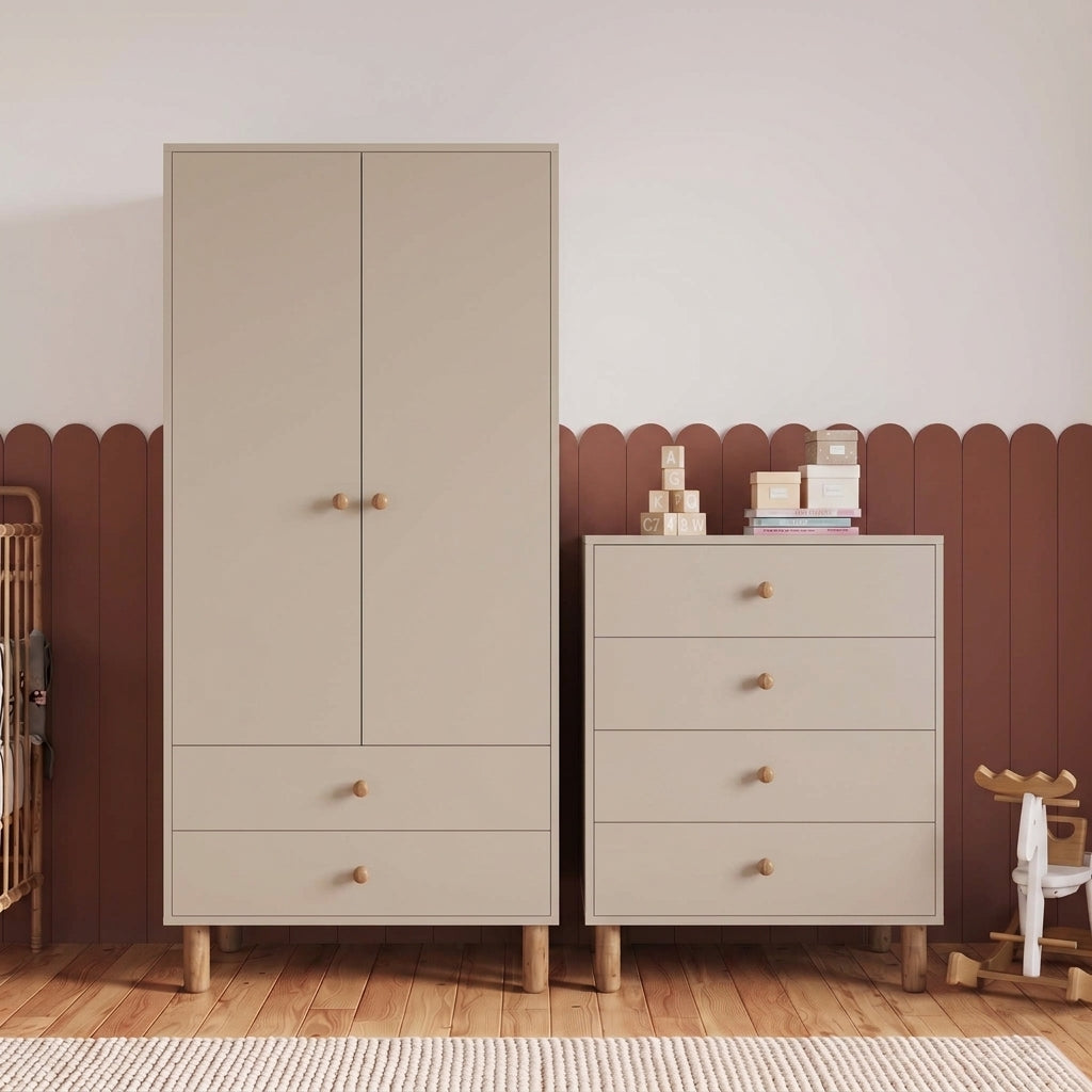 Bimossa TK20 Bunny 2 Kapaklı Gardırop ve 4 Çekmeceli Şifonyer, Yüksek Ayaklı Çocuk Odası Takımı