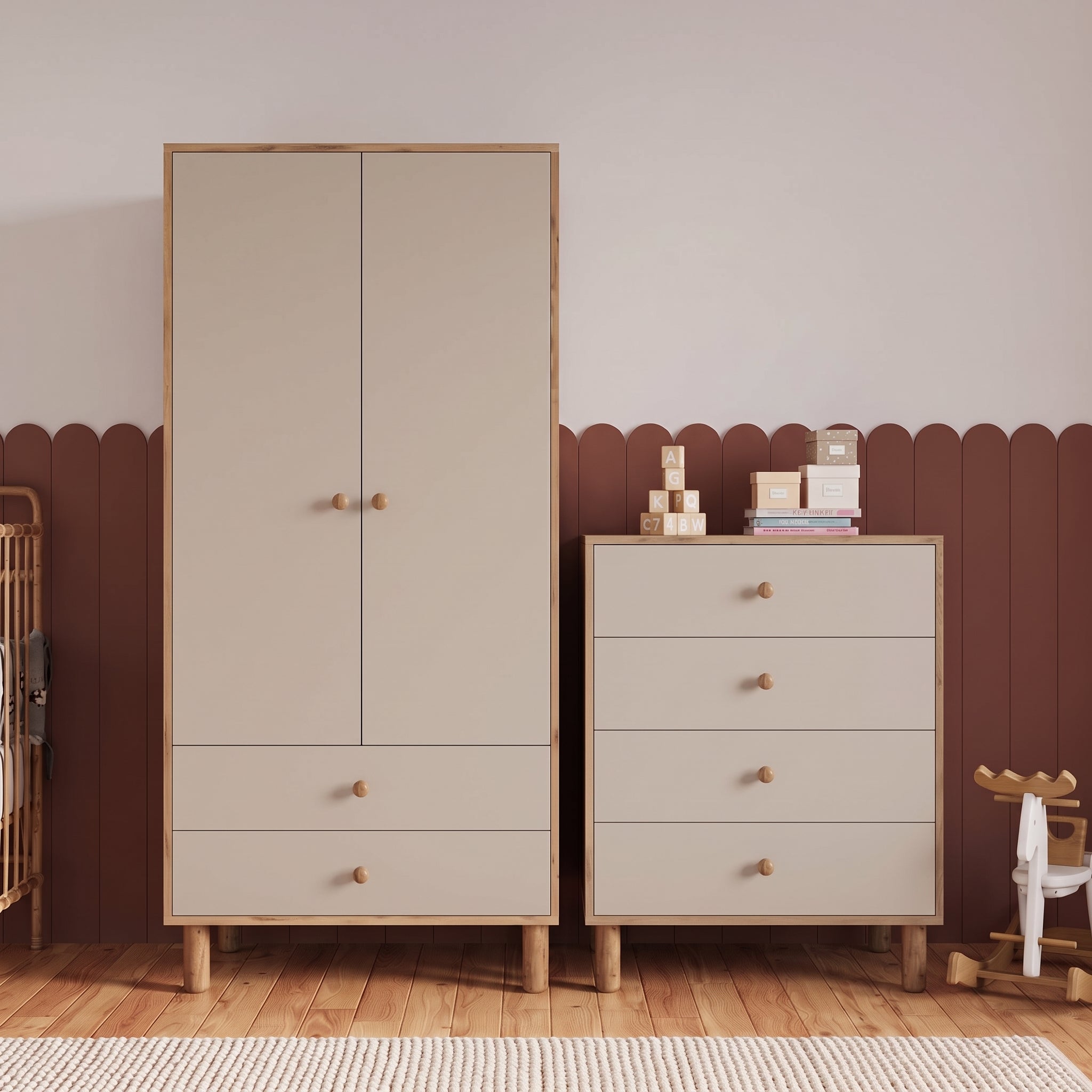 Bimossa TK20 Bunny 2 Kapaklı Gardırop ve 4 Çekmeceli Şifonyer, Yüksek Ayaklı Çocuk Odası Takımı
