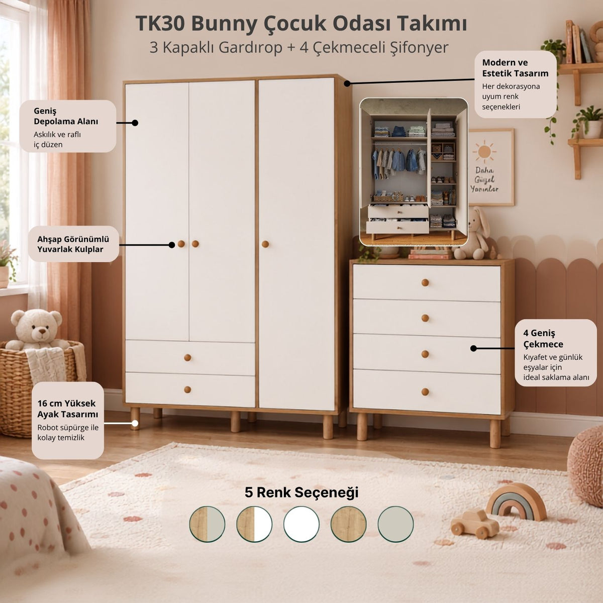 Bimossa TK30 Bunny 3 Kapaklı Gardırop ve 4 Çekmeceli Şifonyer, Yüksek Ayaklı Bebek ve Çocuk Odası Takımı